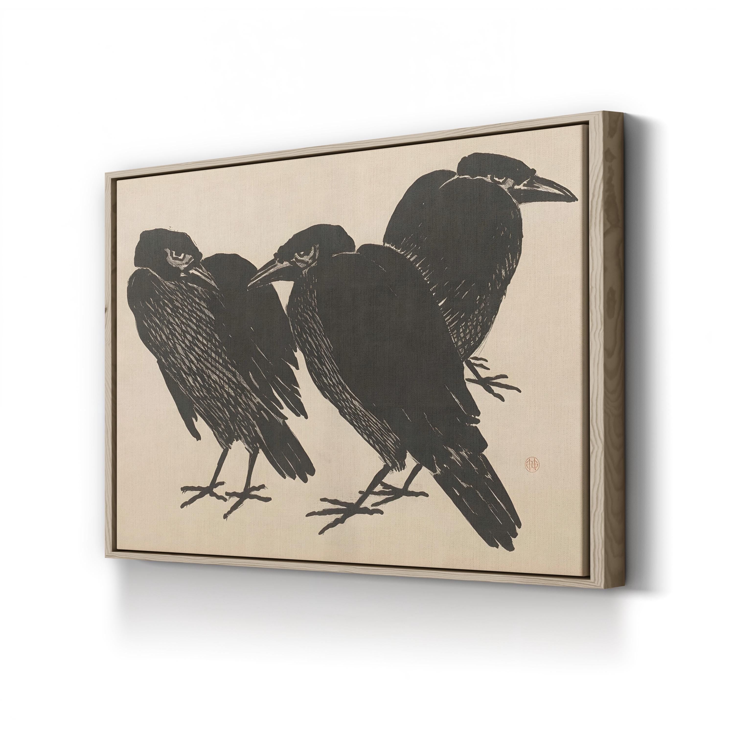 Three Crows in the Grass canvas print in natural frame