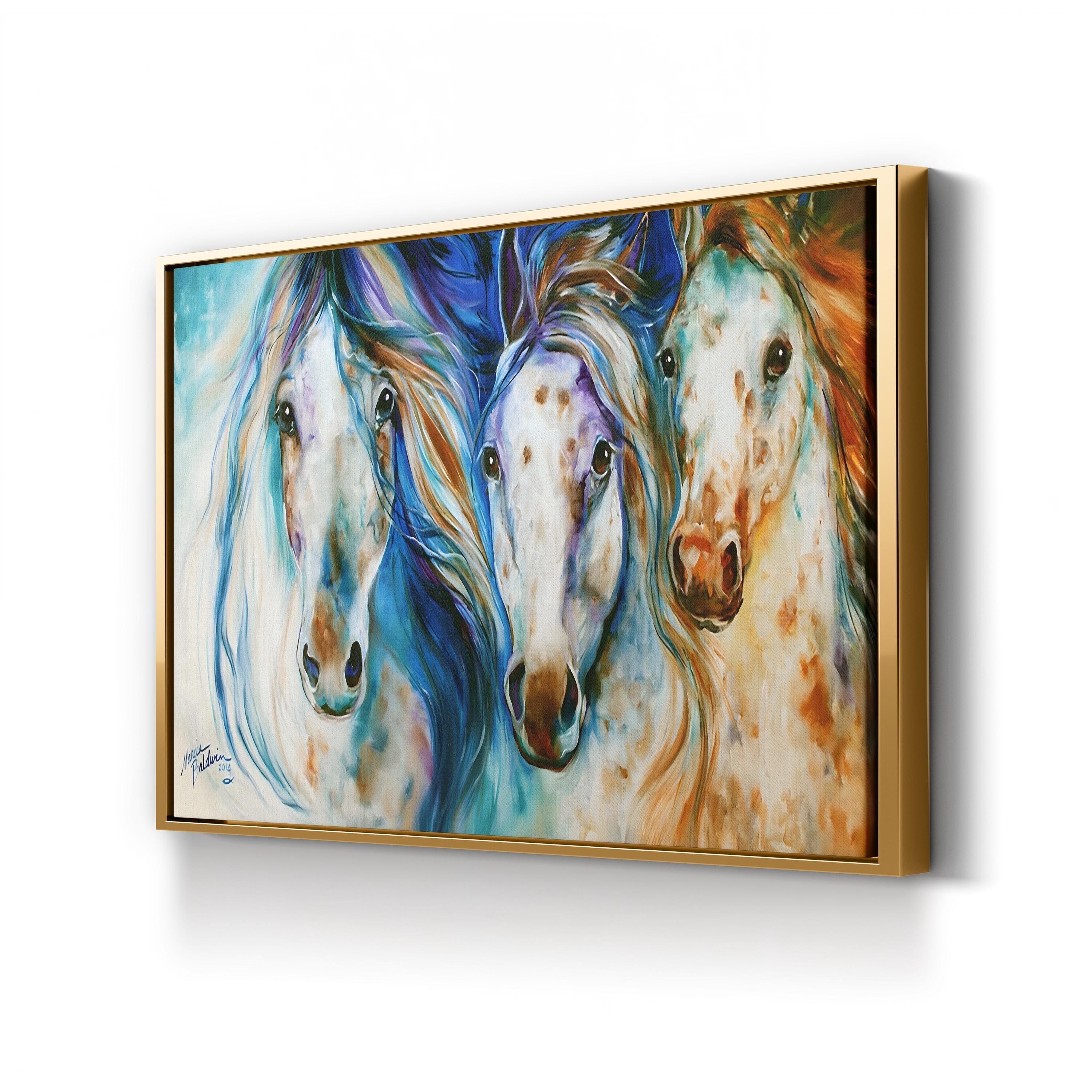 Framed artwork of three stylized horses with a colorful abstract background.