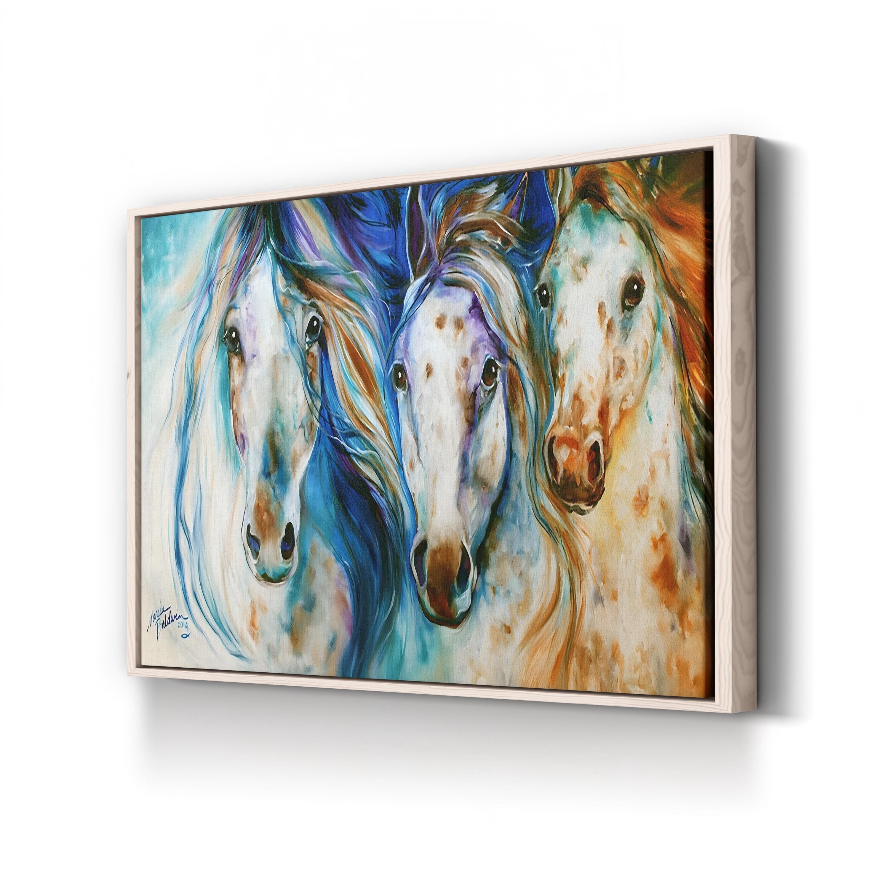Framed artwork of three stylized horses with a colorful abstract background.