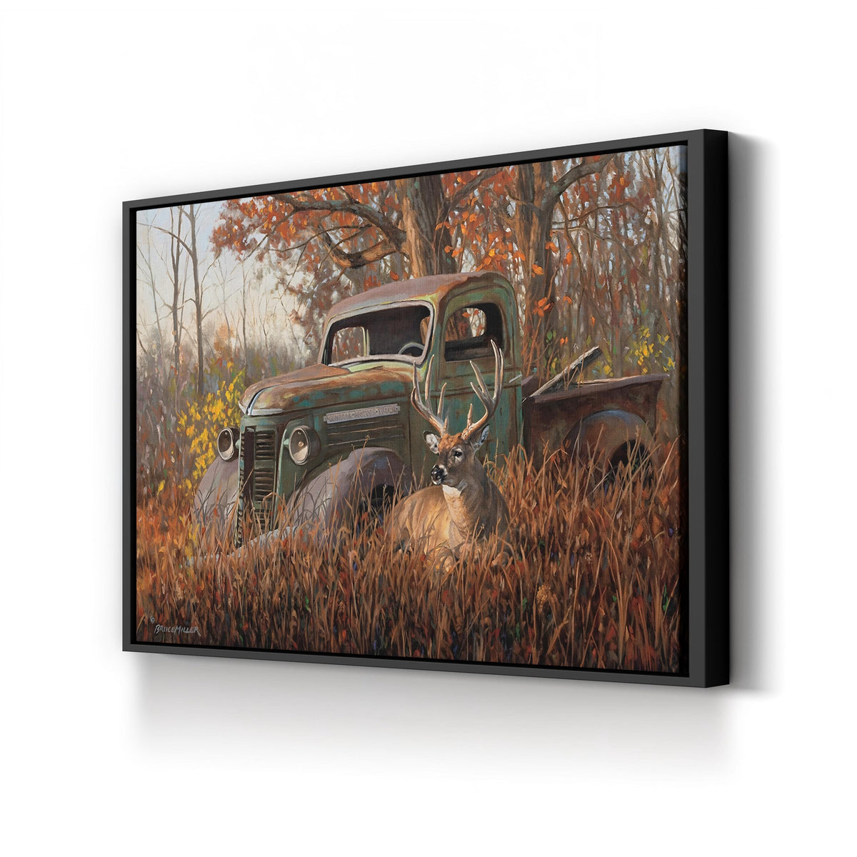 A Buck and a Truck, by Bruce Miller canvas print in black frame