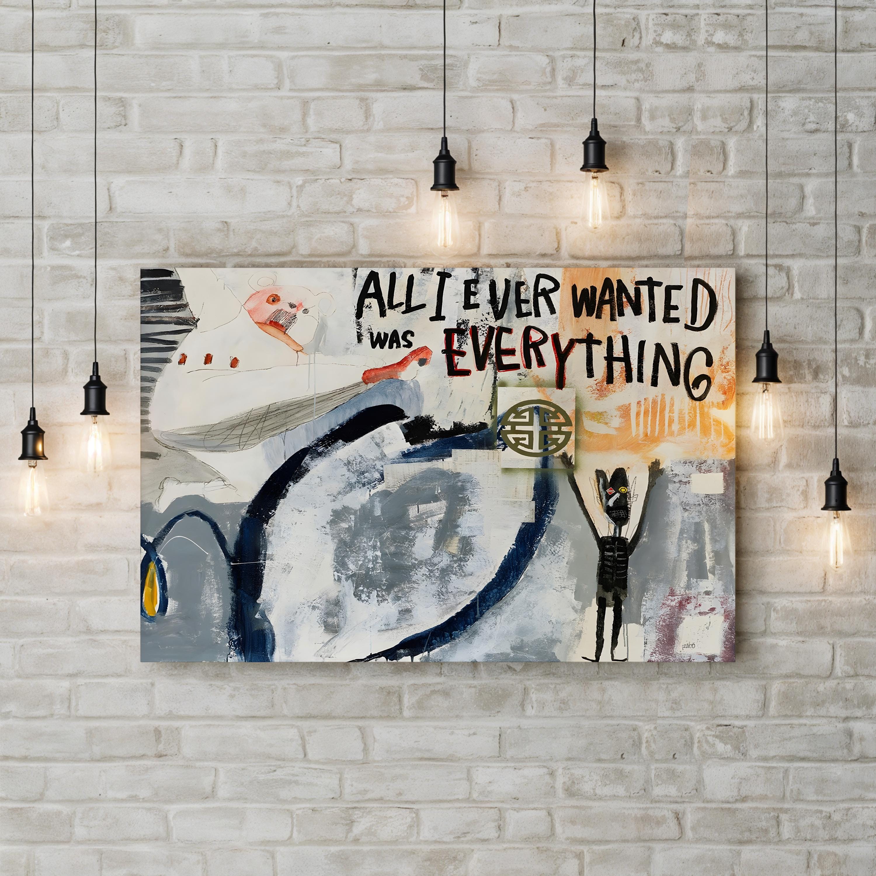 Abstract painting with text on a brick wall