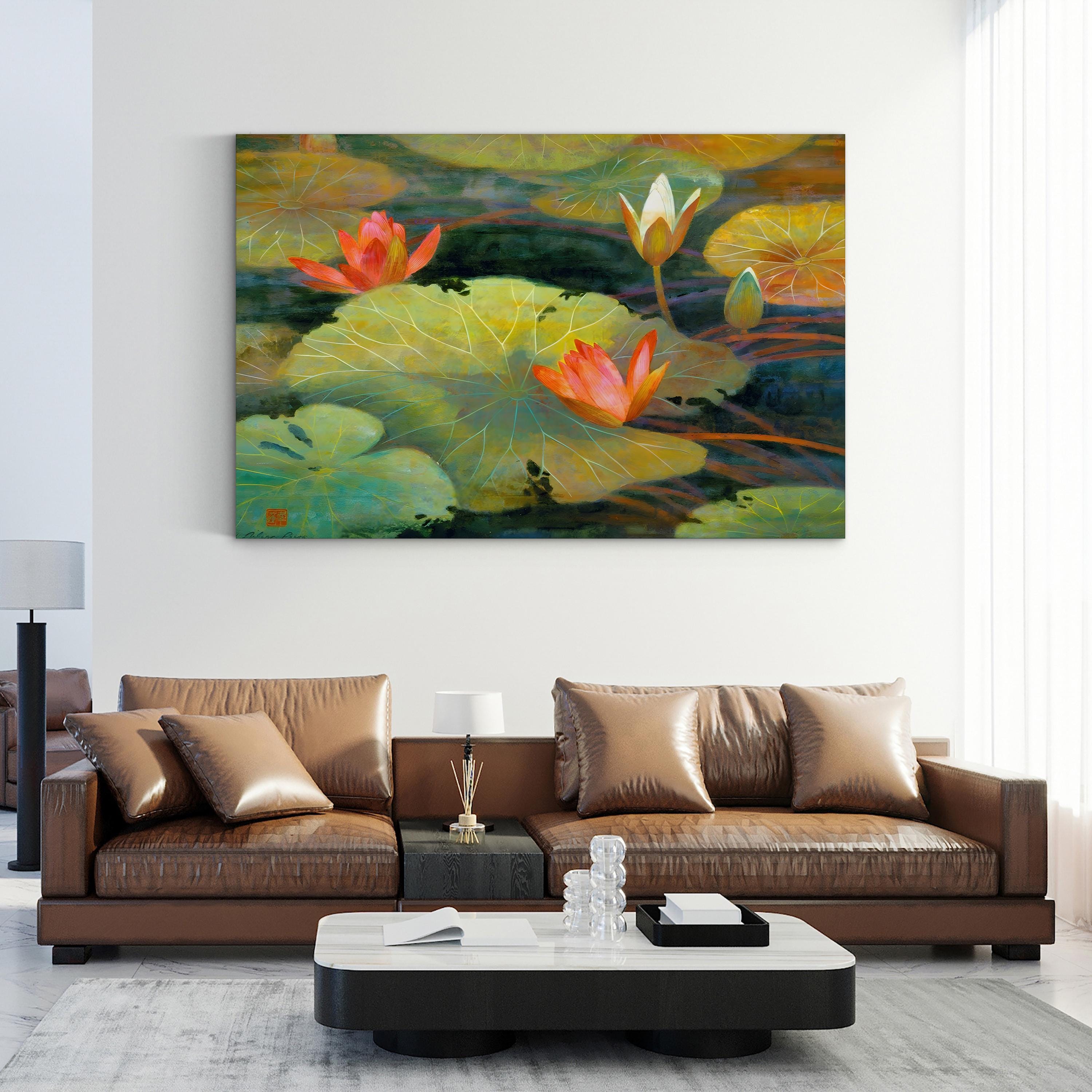 Living room with a brown leather sofa and a painting of water lilies on the wall.