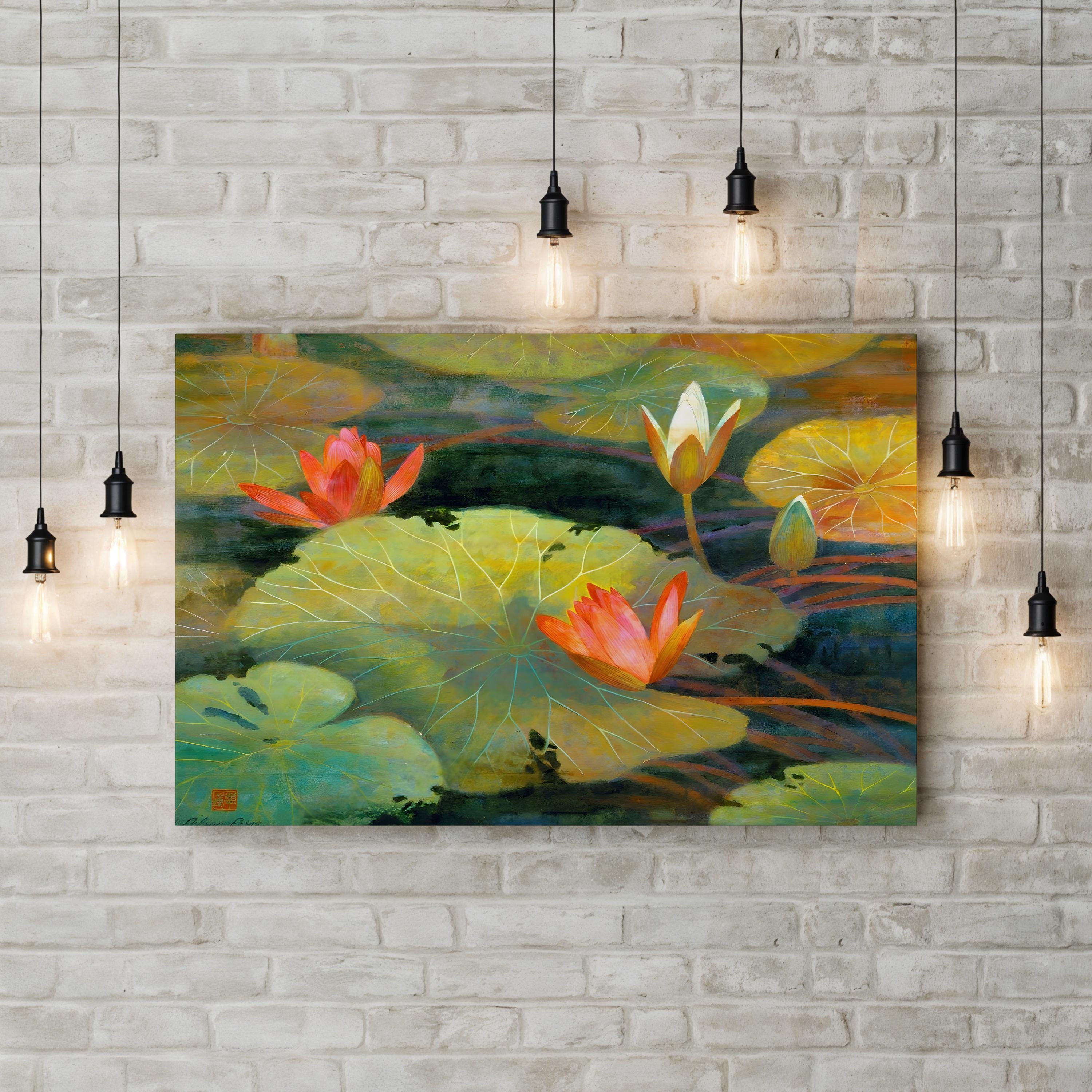 Painting of water lilies on a brick wall with pendant lights.