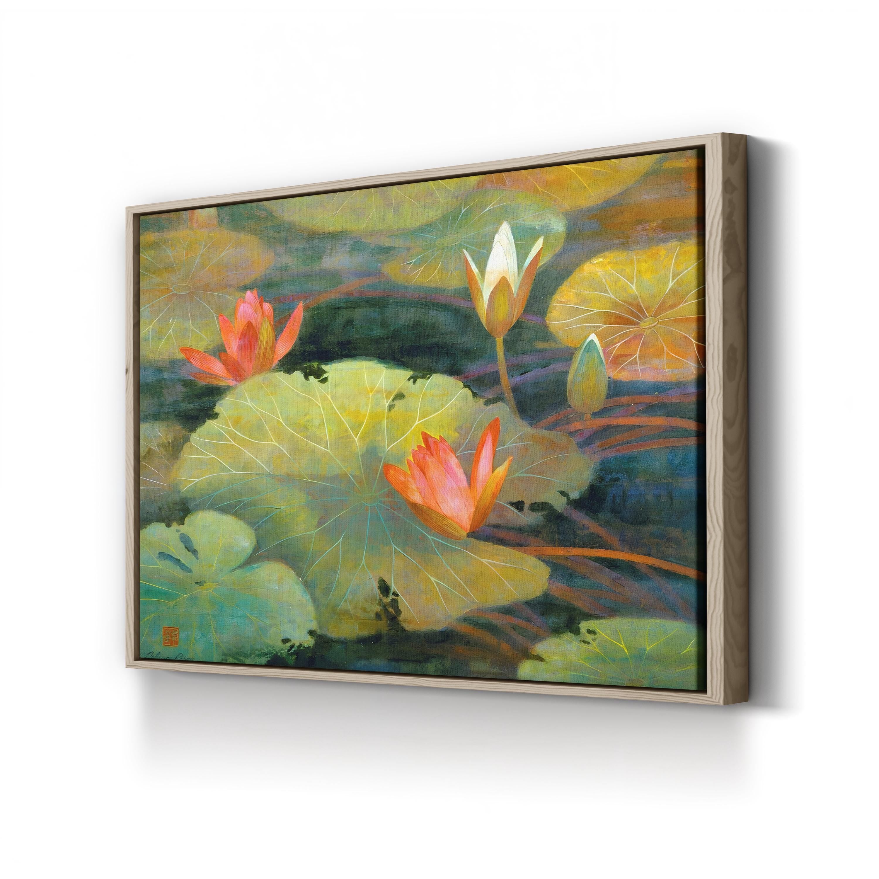 Framed painting of water lilies on a white wall