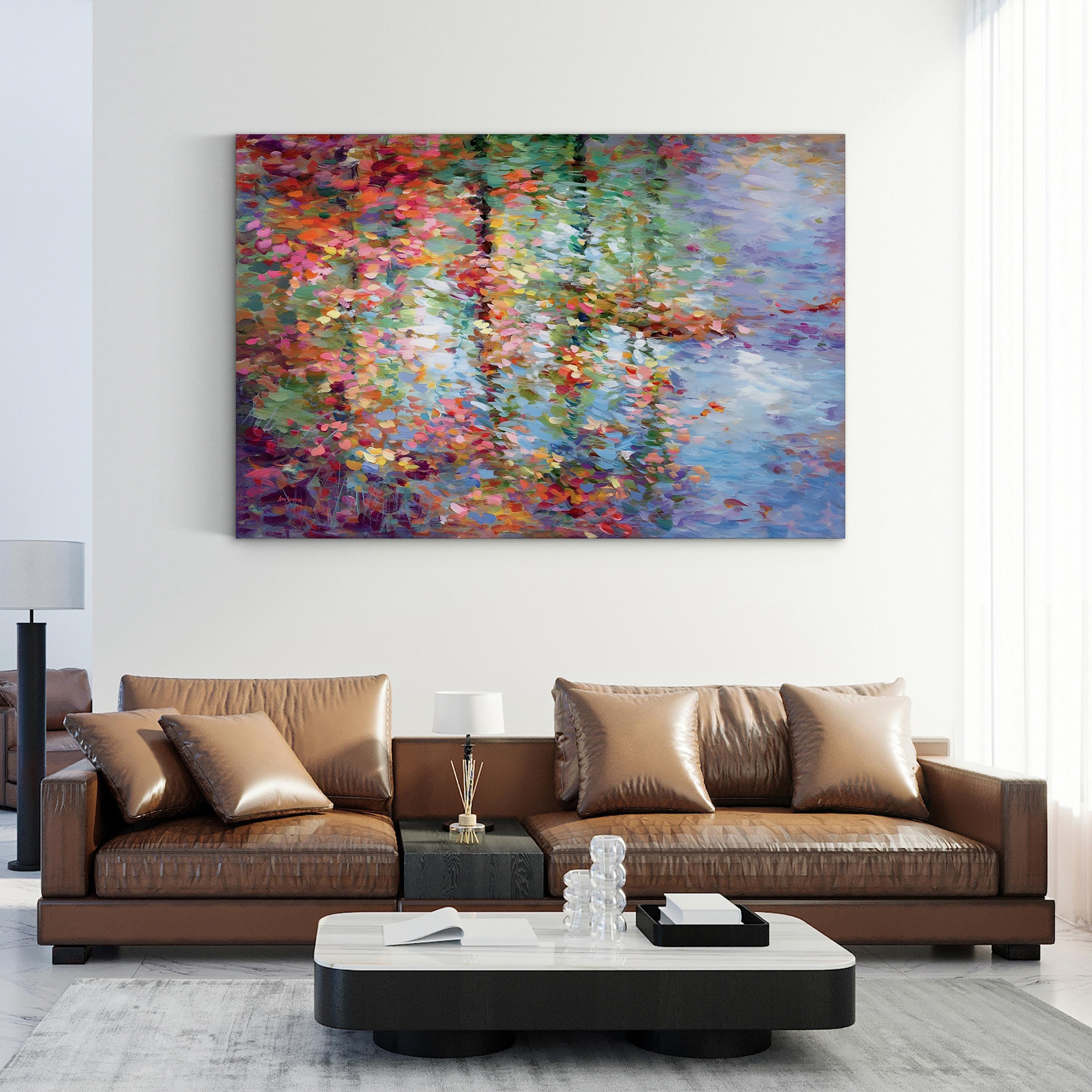 Modern living room with a brown leather sofa and a colorful abstract painting on the wall.