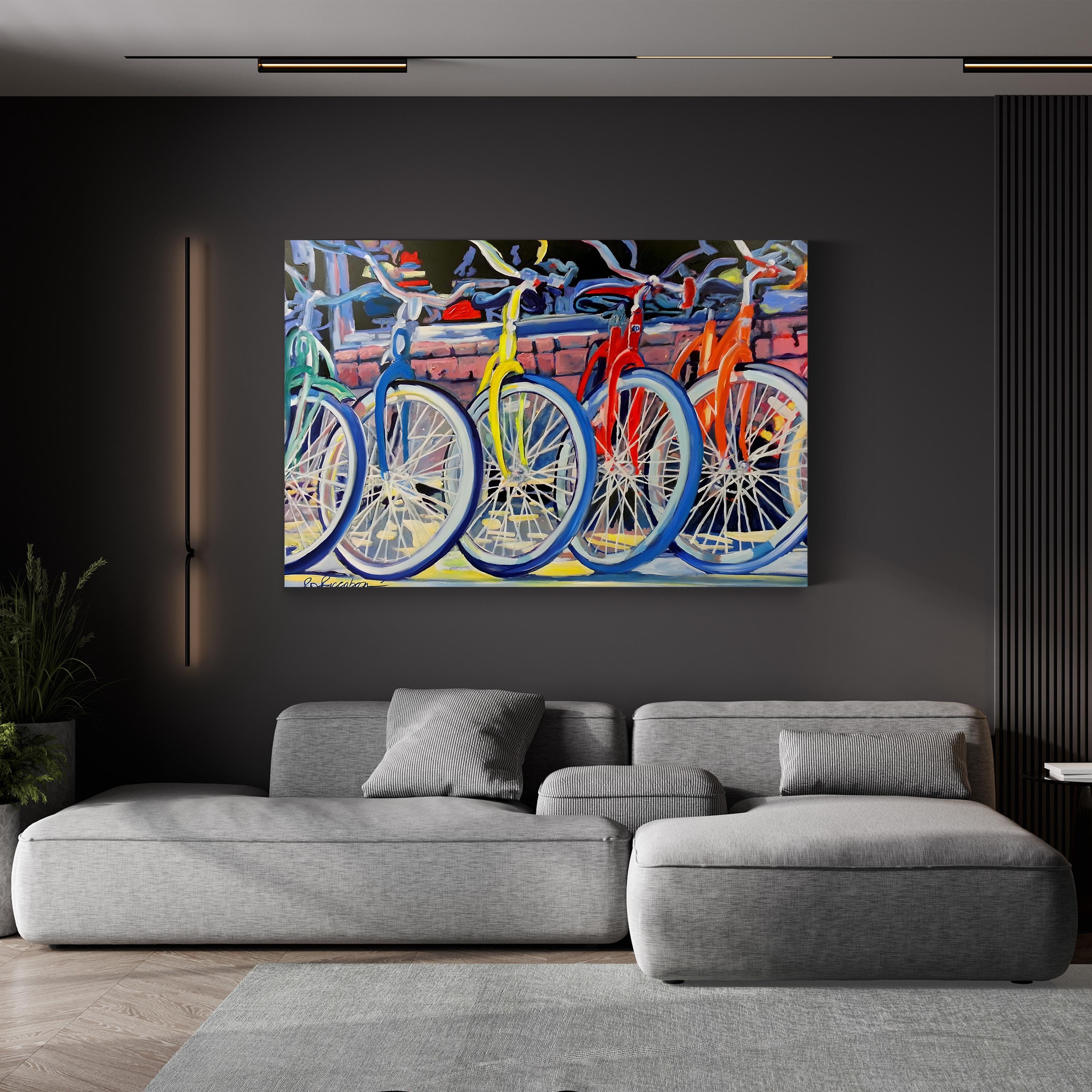 Vintage Bicycle Shop Canvas Art: Yellow Bike & Colorful Storefront Scene
