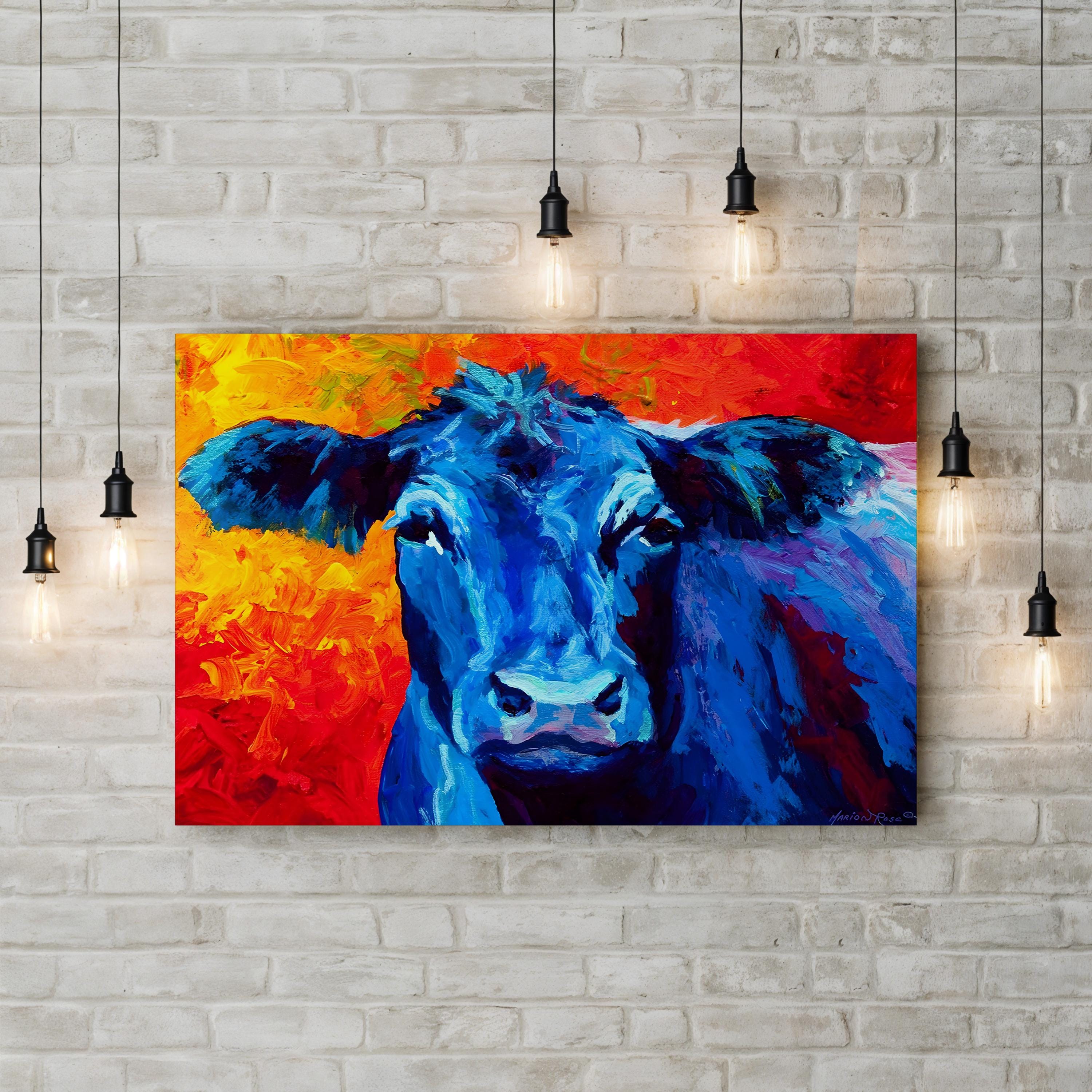 Blue Cow Wall Art by Marion Rose | Contemporary Colorful Animal Portrait Canvas