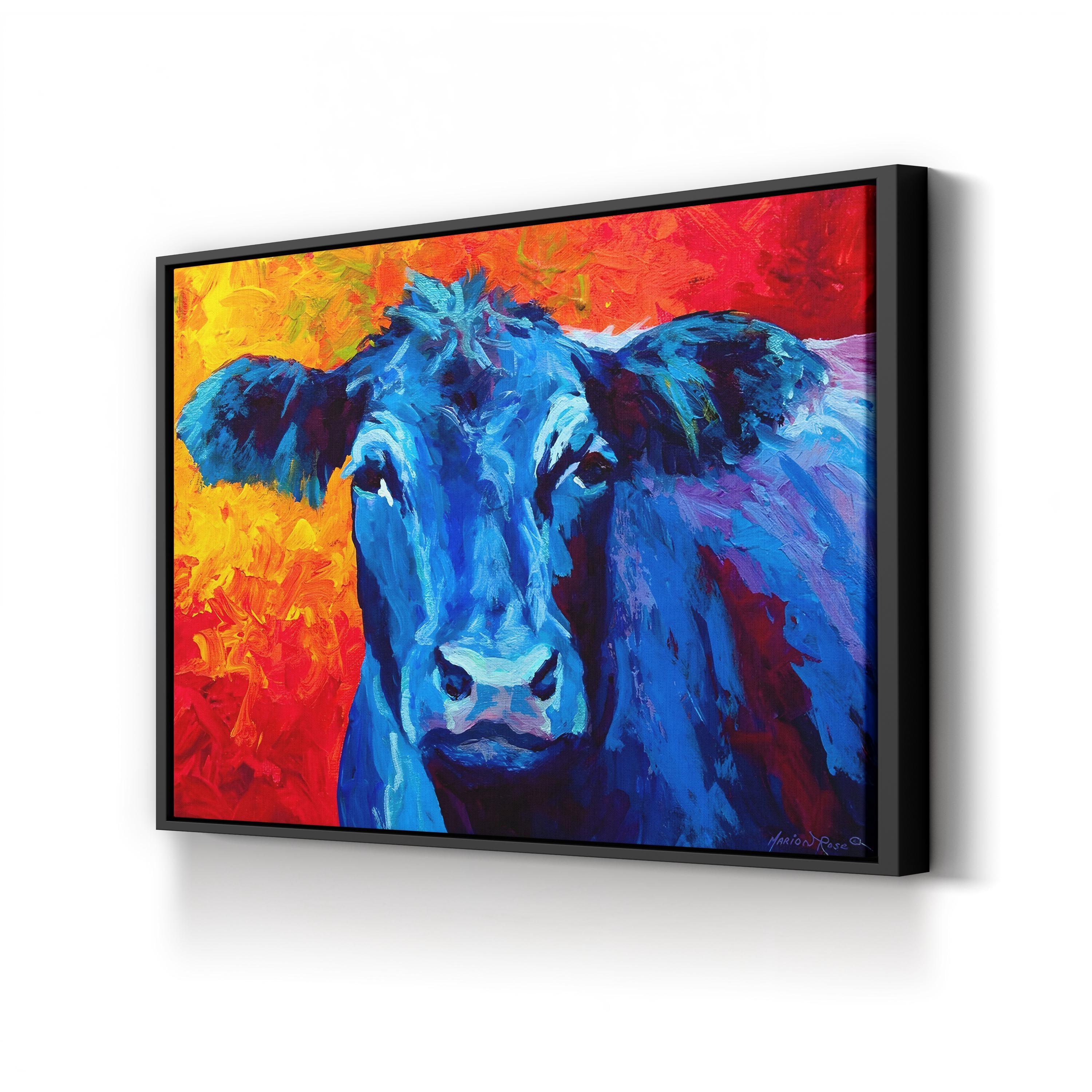 Blue Cow Wall Art by Marion Rose | Contemporary Colorful Animal Portrait Canvas