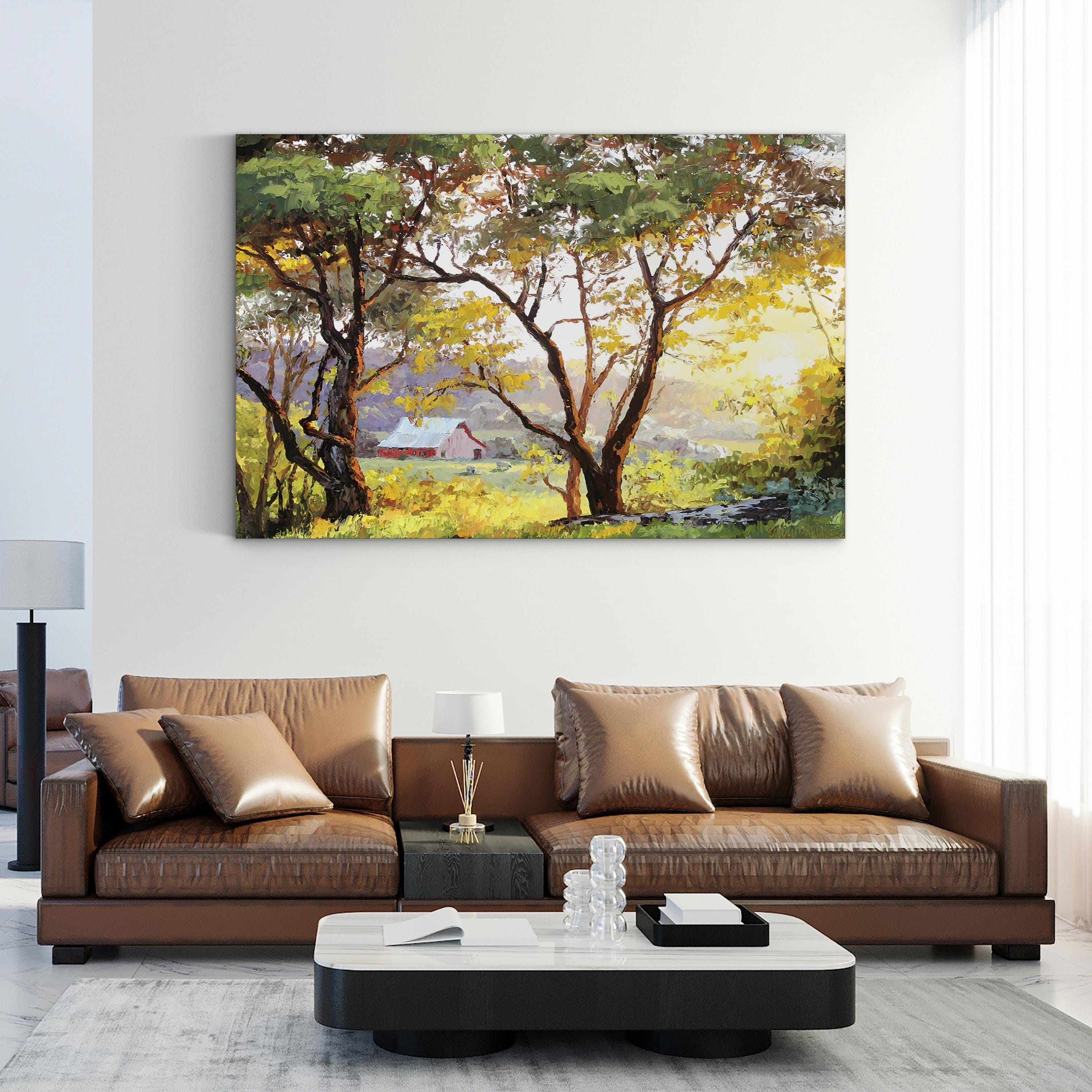Burnished Landscape Wall Art by Erin Dertner | Sunlit Countryside Barn Landscape Canvas