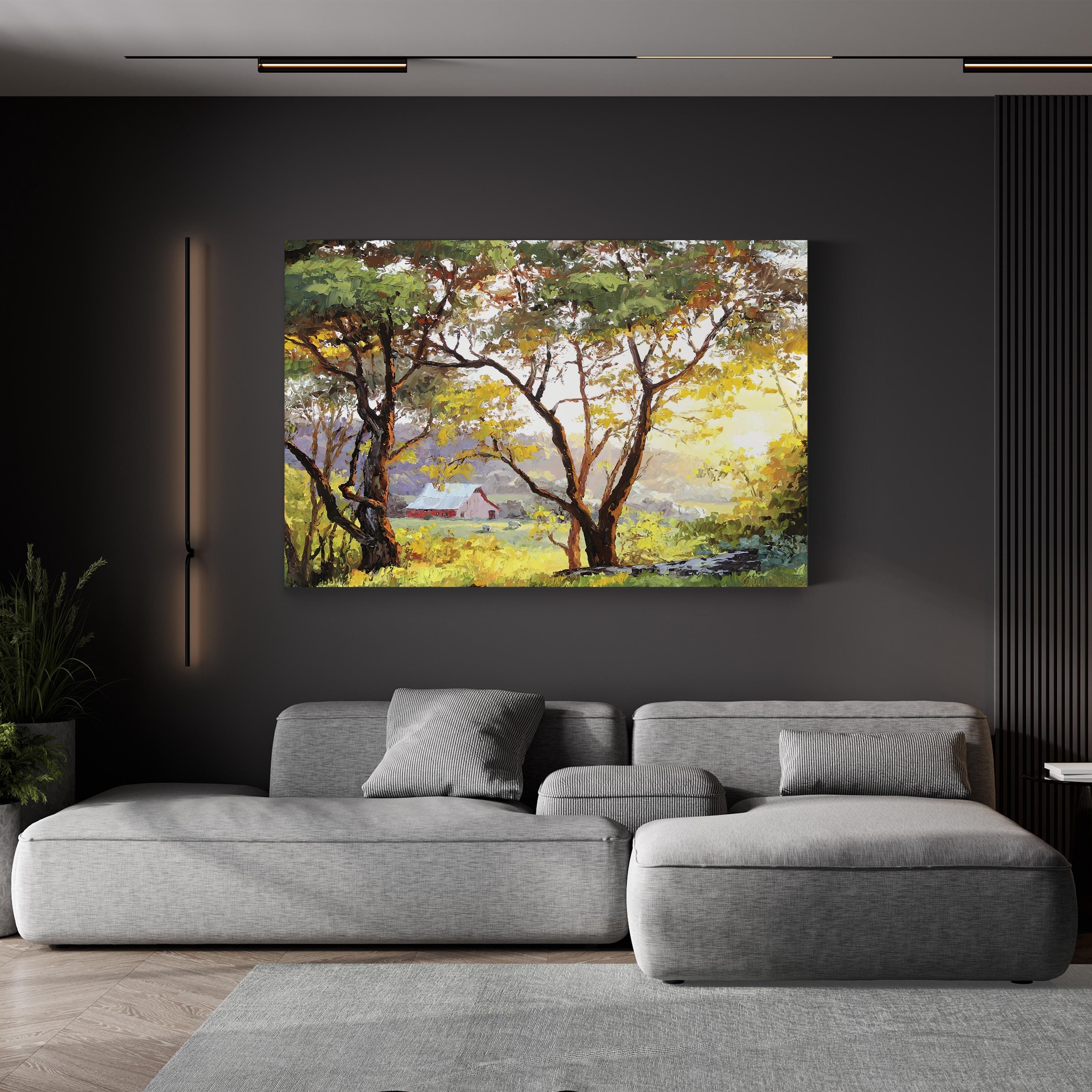 Burnished Landscape Wall Art by Erin Dertner | Sunlit Countryside Barn Landscape Canvas