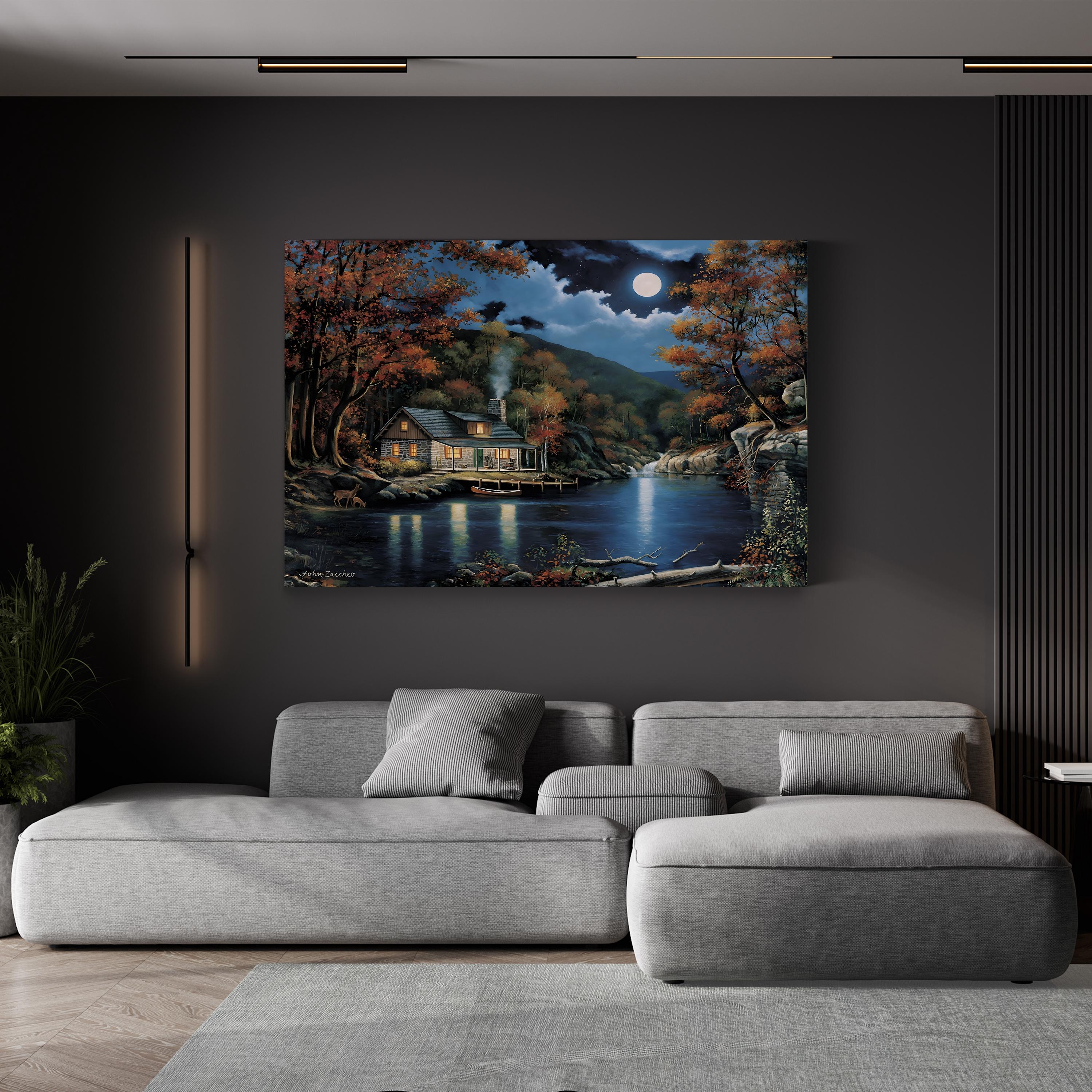 Cabin By The Lake Wall Art by John Zaccheo | Serene Wildlife Lake Landscape Canvas
