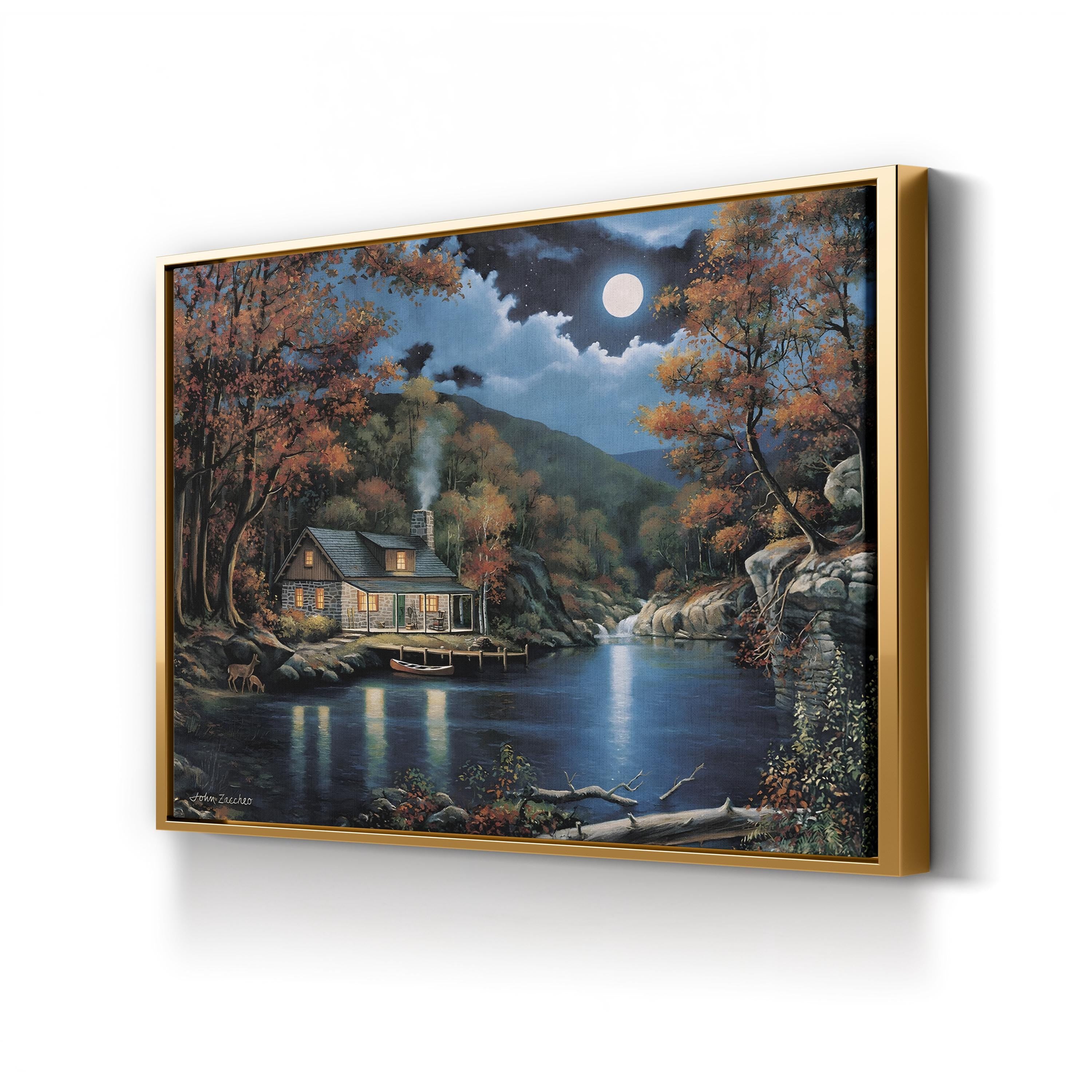 Cabin By The Lake Wall Art by John Zaccheo | Serene Wildlife Lake Landscape Canvas