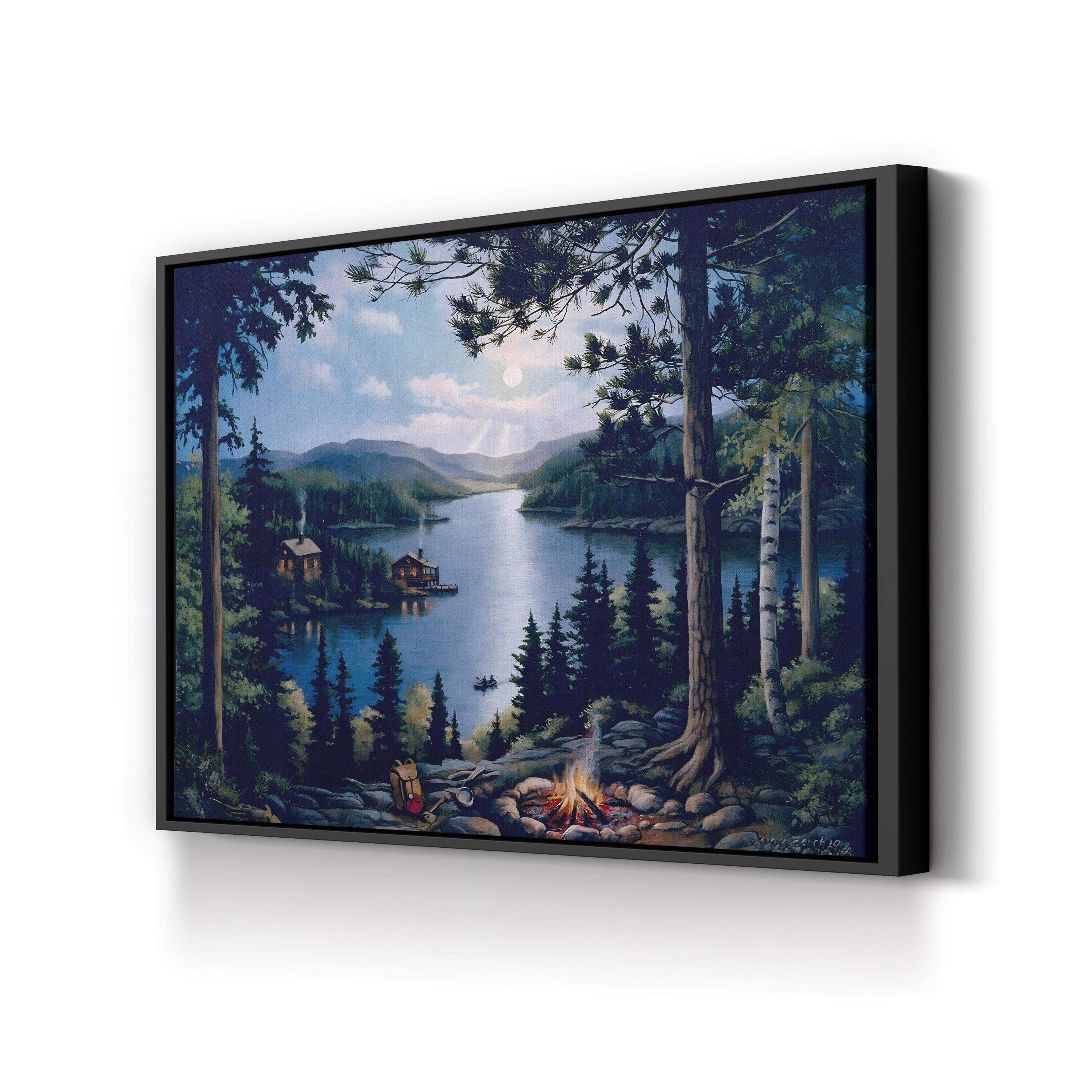 Cabin In The Woods Wall Art by John Zaccheo – Woodland Campfire Landscape Canvas