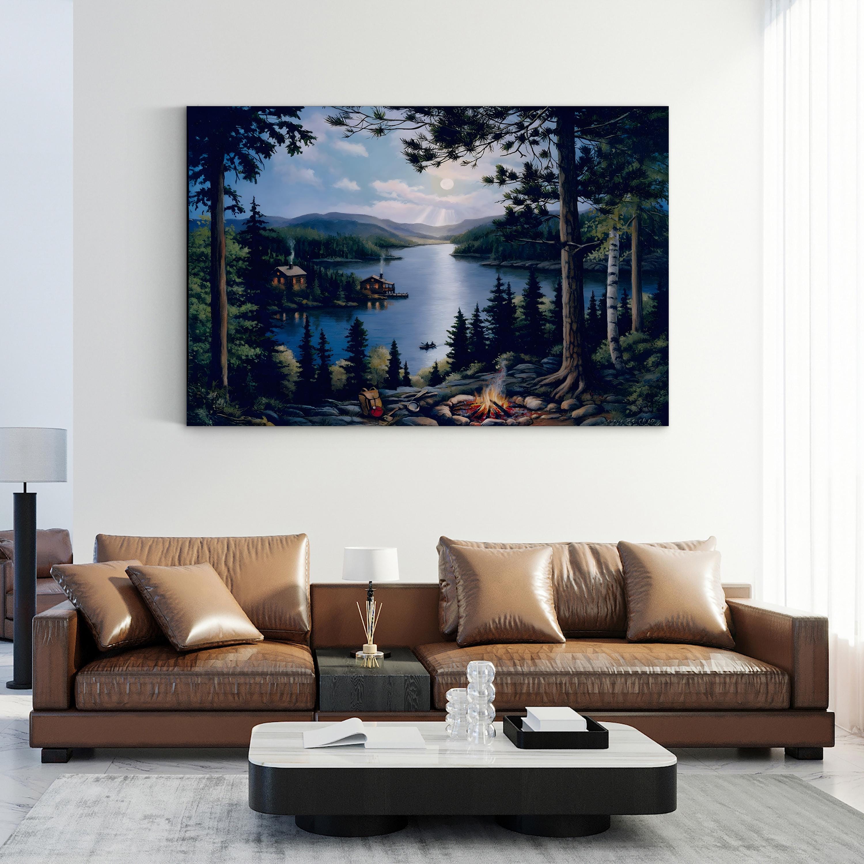 Cabin In The Woods Wall Art by John Zaccheo – Woodland Campfire Landscape Canvas