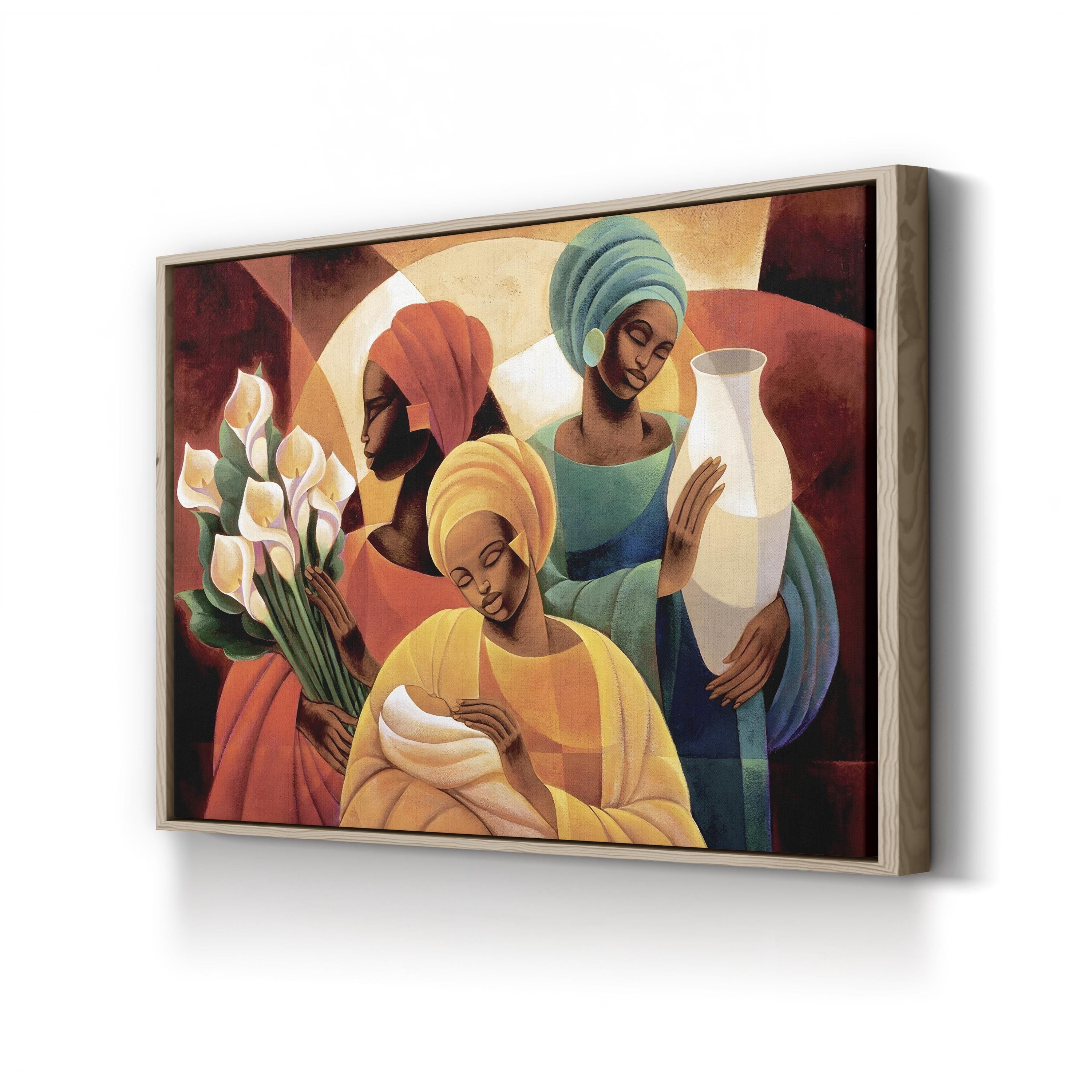 Framed artwork of three women holding flowers and a vase on a white wall.