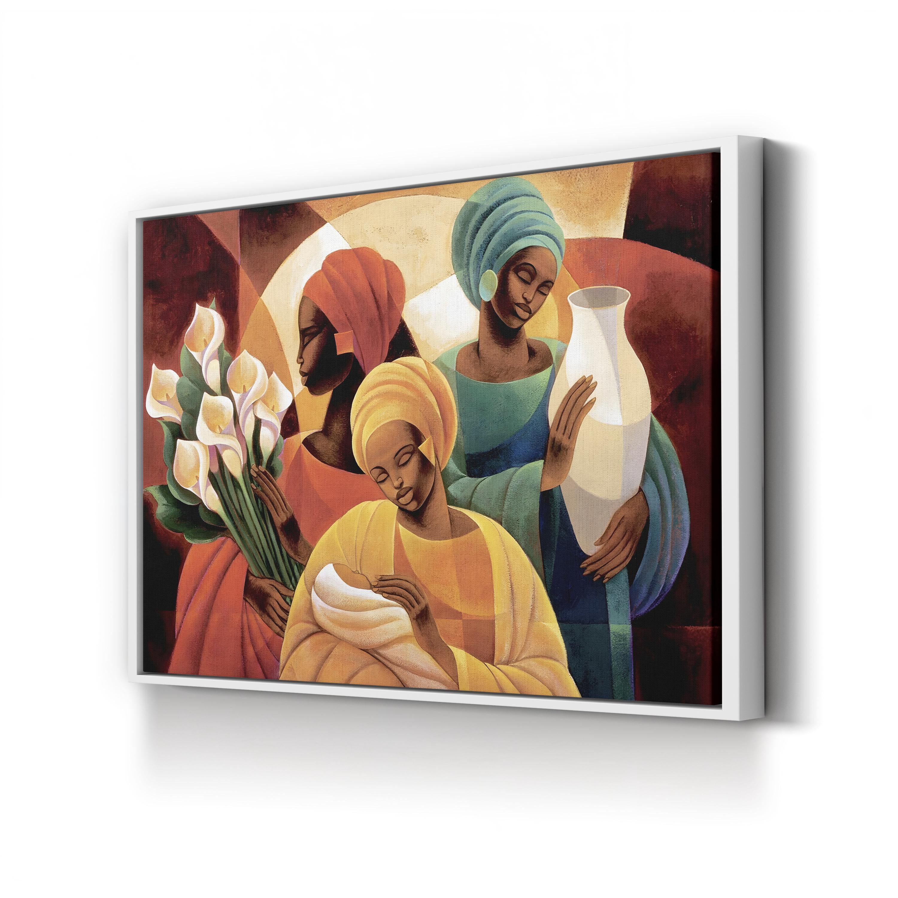 Framed artwork of three women holding flowers and a vase on a white background