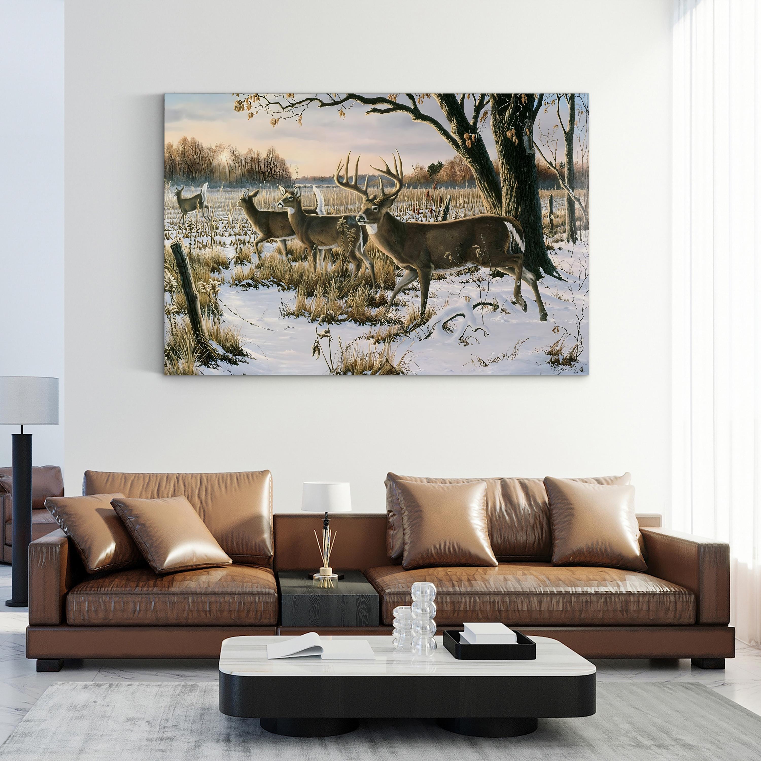 Whitetail Deer in Snowy Woodland – Period Illustration Wall Art | Cabin Canvas Print