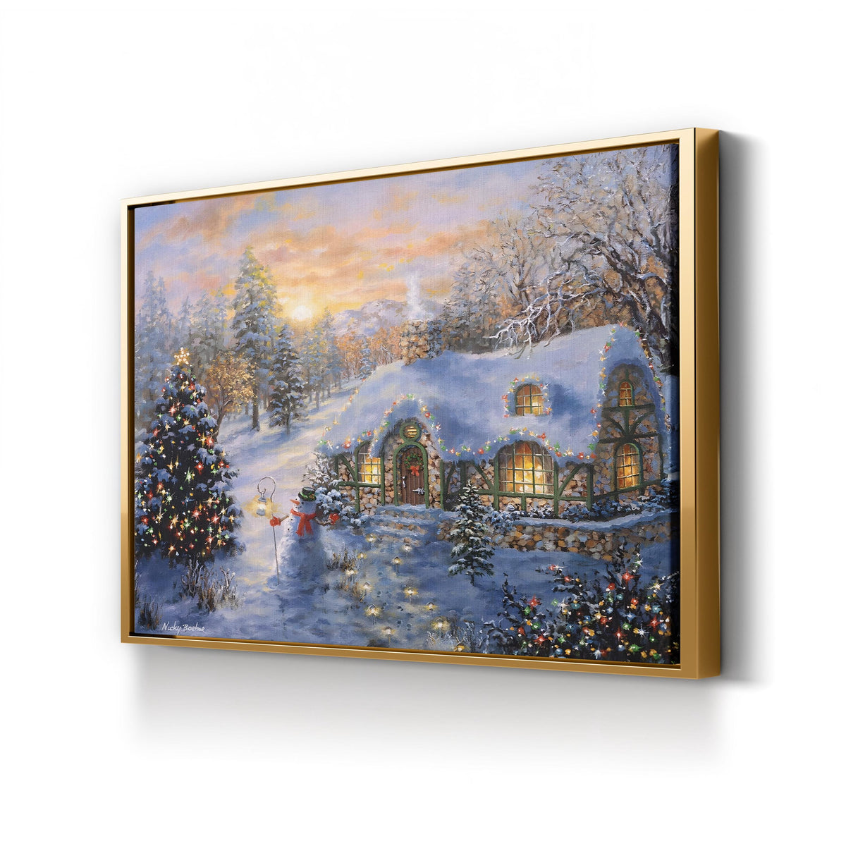 Christmas Cottage by Nicky Boehme canvas print in Gold Framed Canvas