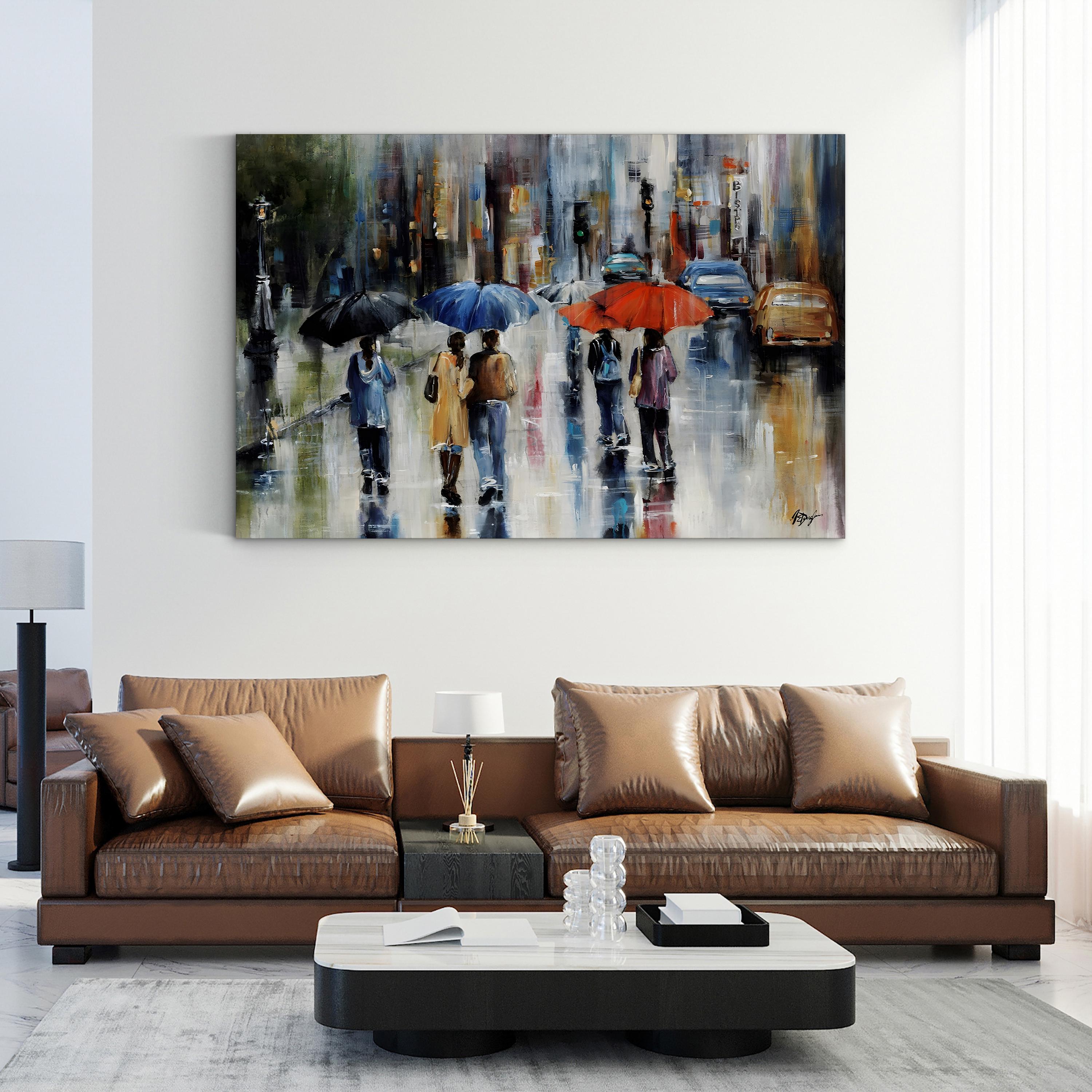 Downtown Downpour Wall Art – Contemporary Rainy Cityscape Artwork