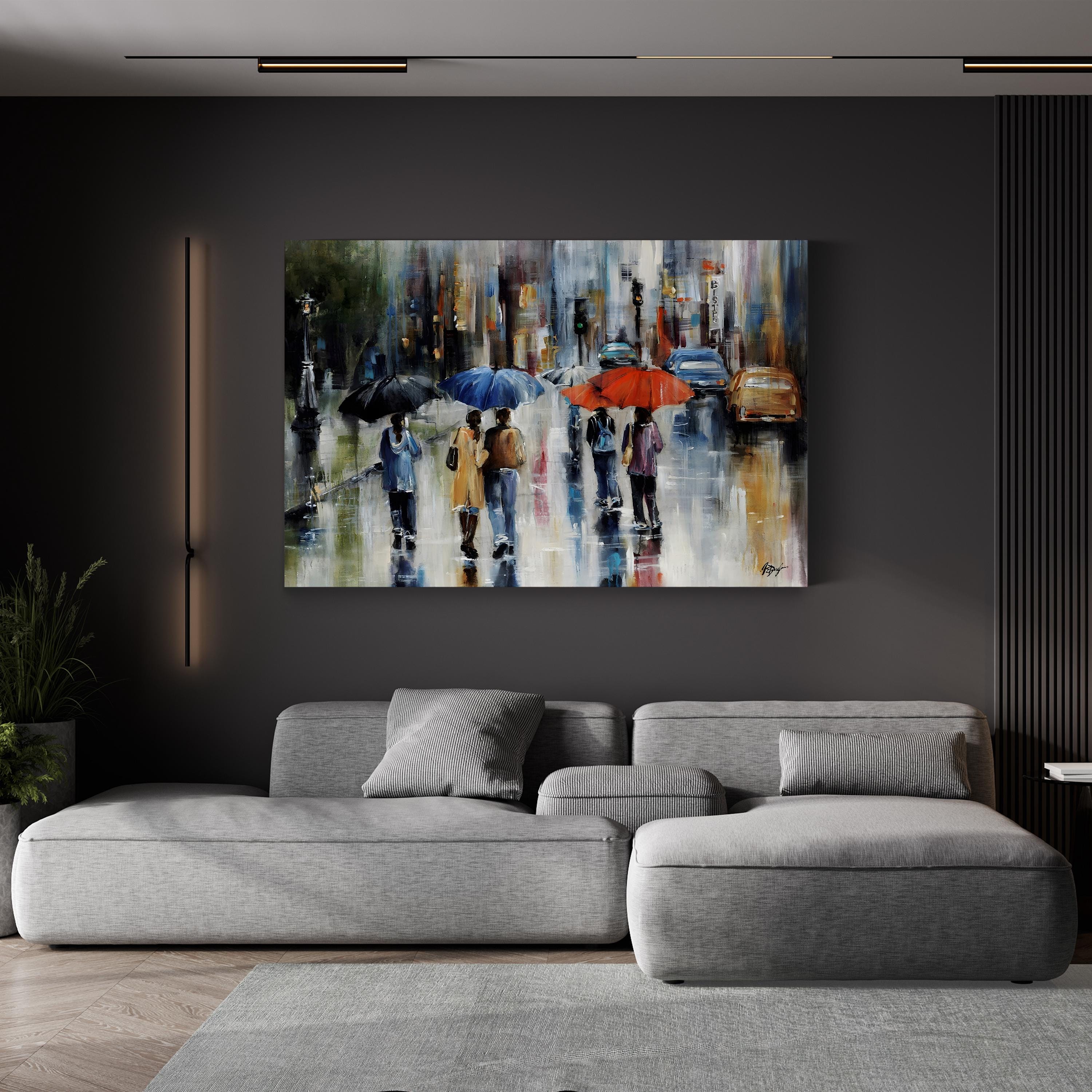 Downtown Downpour Wall Art – Contemporary Rainy Cityscape Artwork