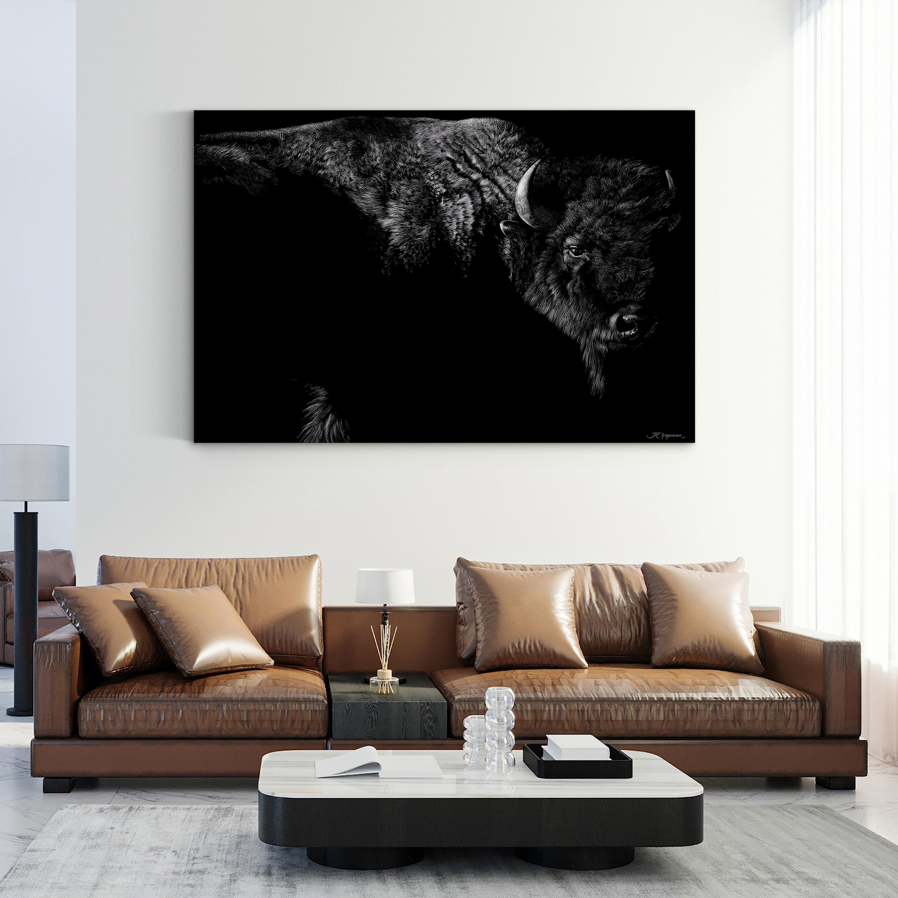 Enduring Wall Art by Julie Chapman | Black and White Bison Wildlife Canvas Print