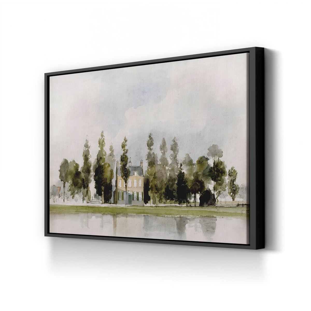 English Cottage I Wall Art by JVT Studio - Watercolor Riverfront Countryside Canvas Print canvas print in Black Framed Canvas