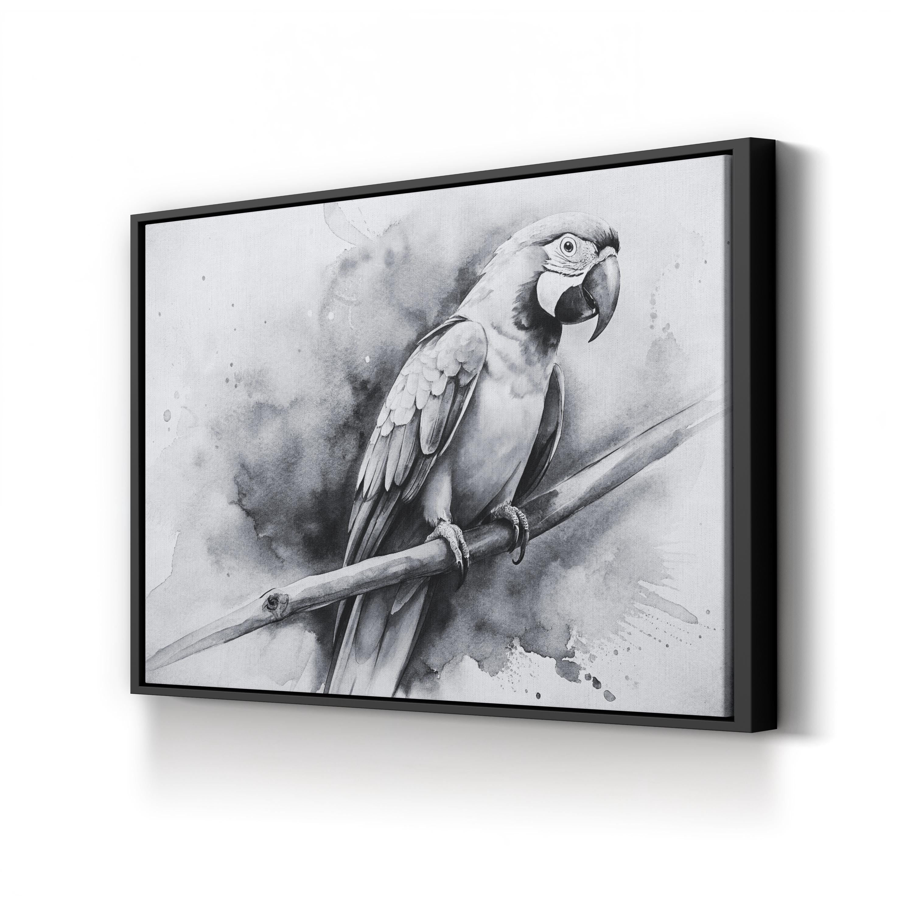 Black & White Macaw Parrot – Period Illustration Wall Art | Minimalist Watercolor Canvas Print