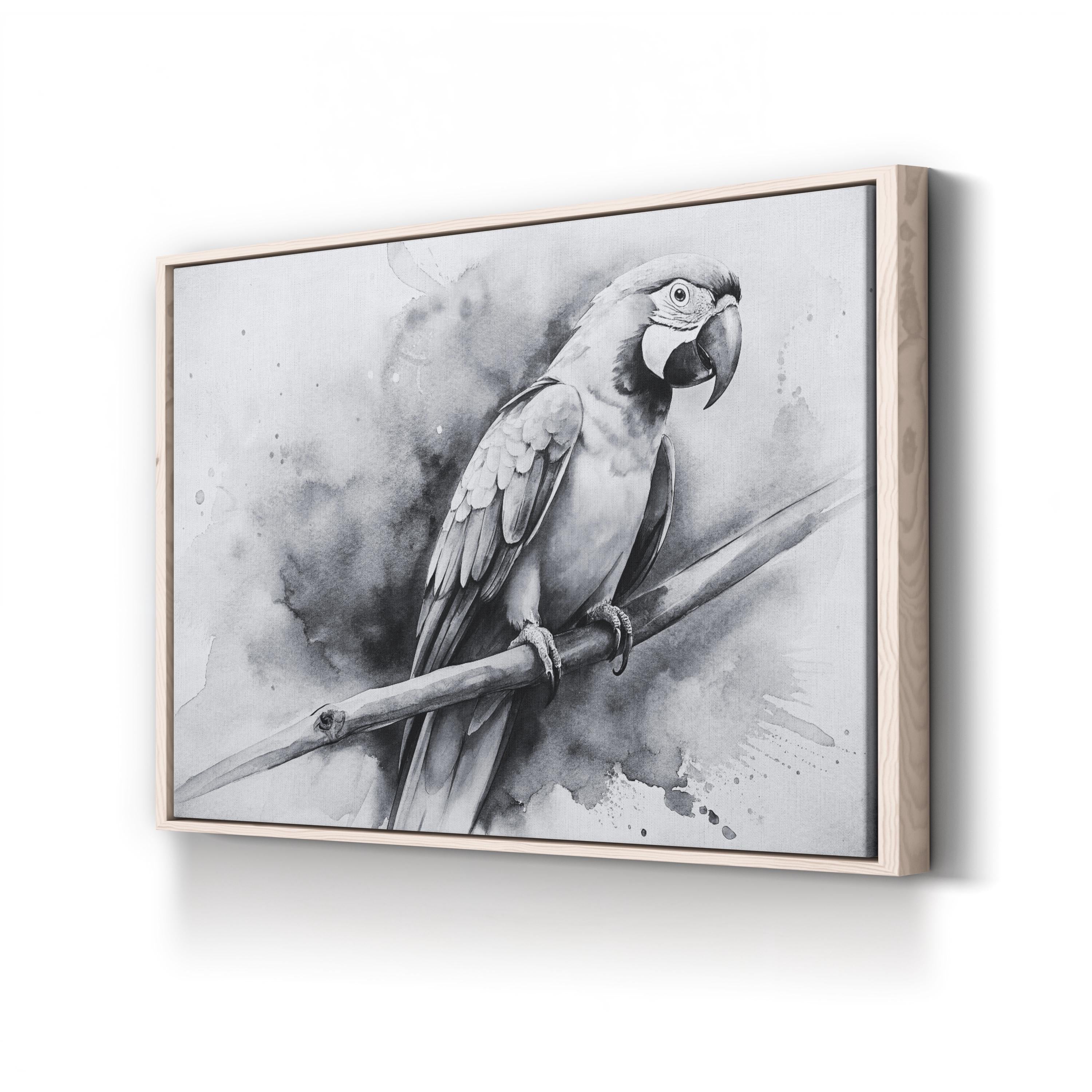 Black & White Macaw Parrot – Period Illustration Wall Art | Minimalist Watercolor Canvas Print