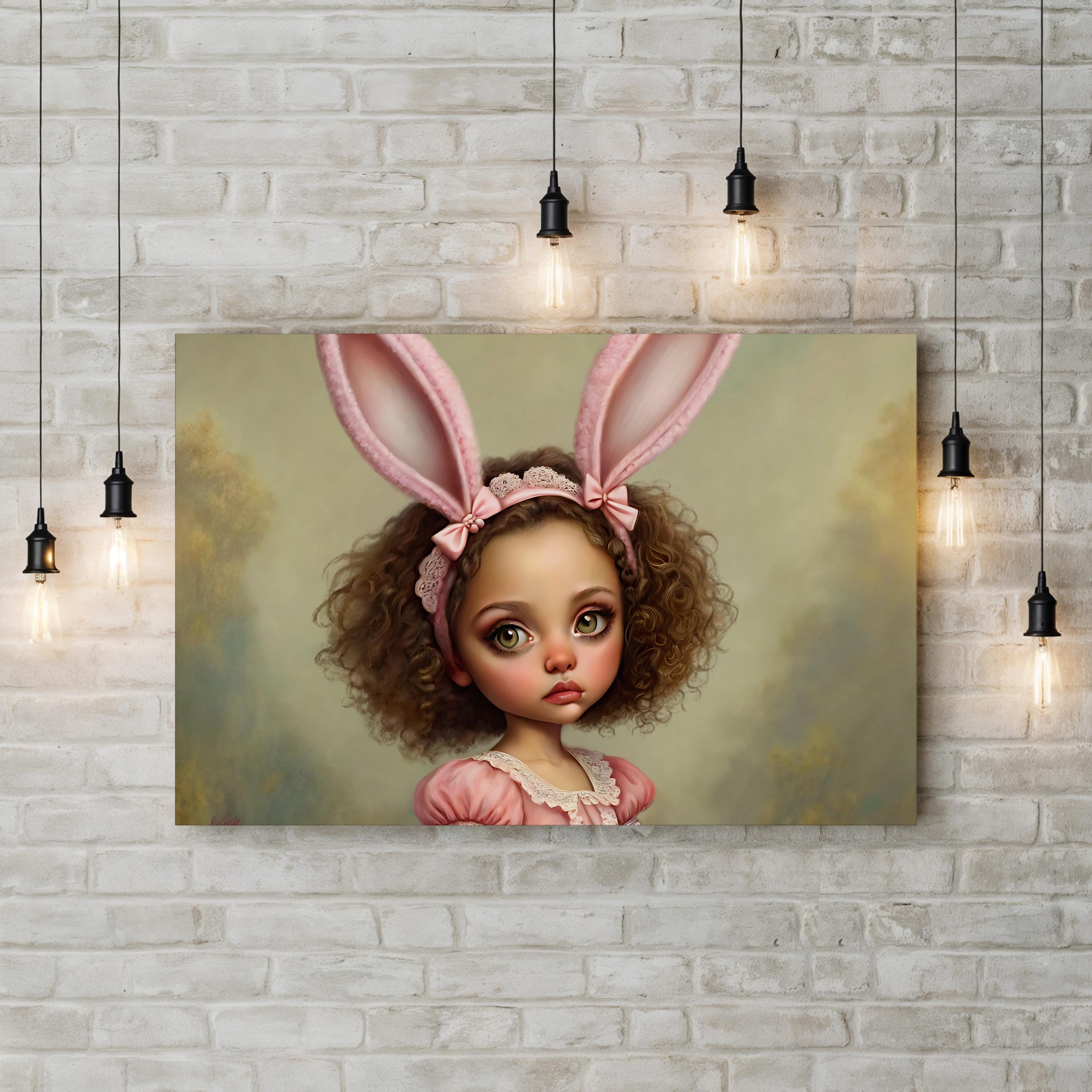 Whimsical Bunny Girl – Period Illustration Wall Art | Dreamy Nursery Canvas Print