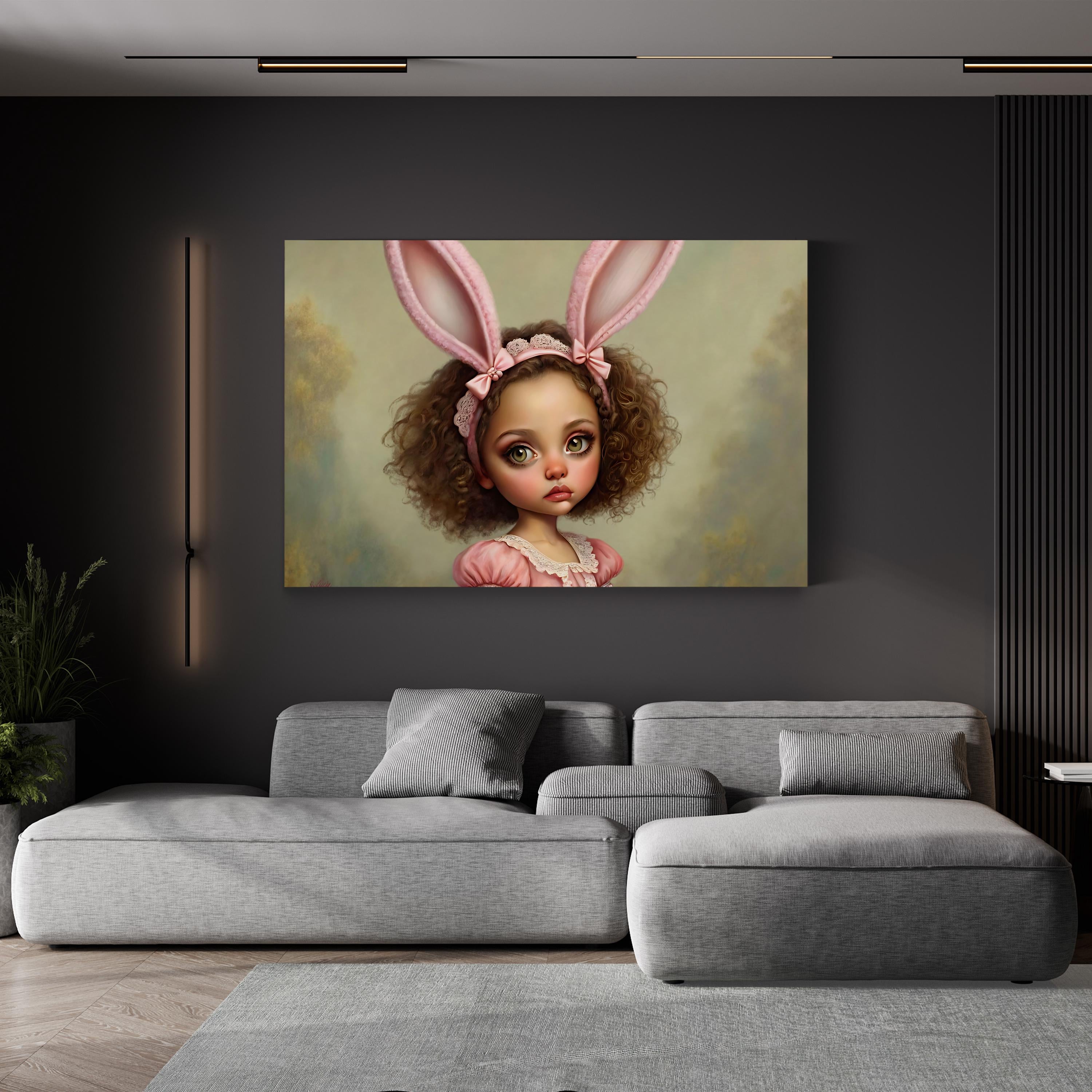 Whimsical Bunny Girl – Period Illustration Wall Art | Dreamy Nursery Canvas Print