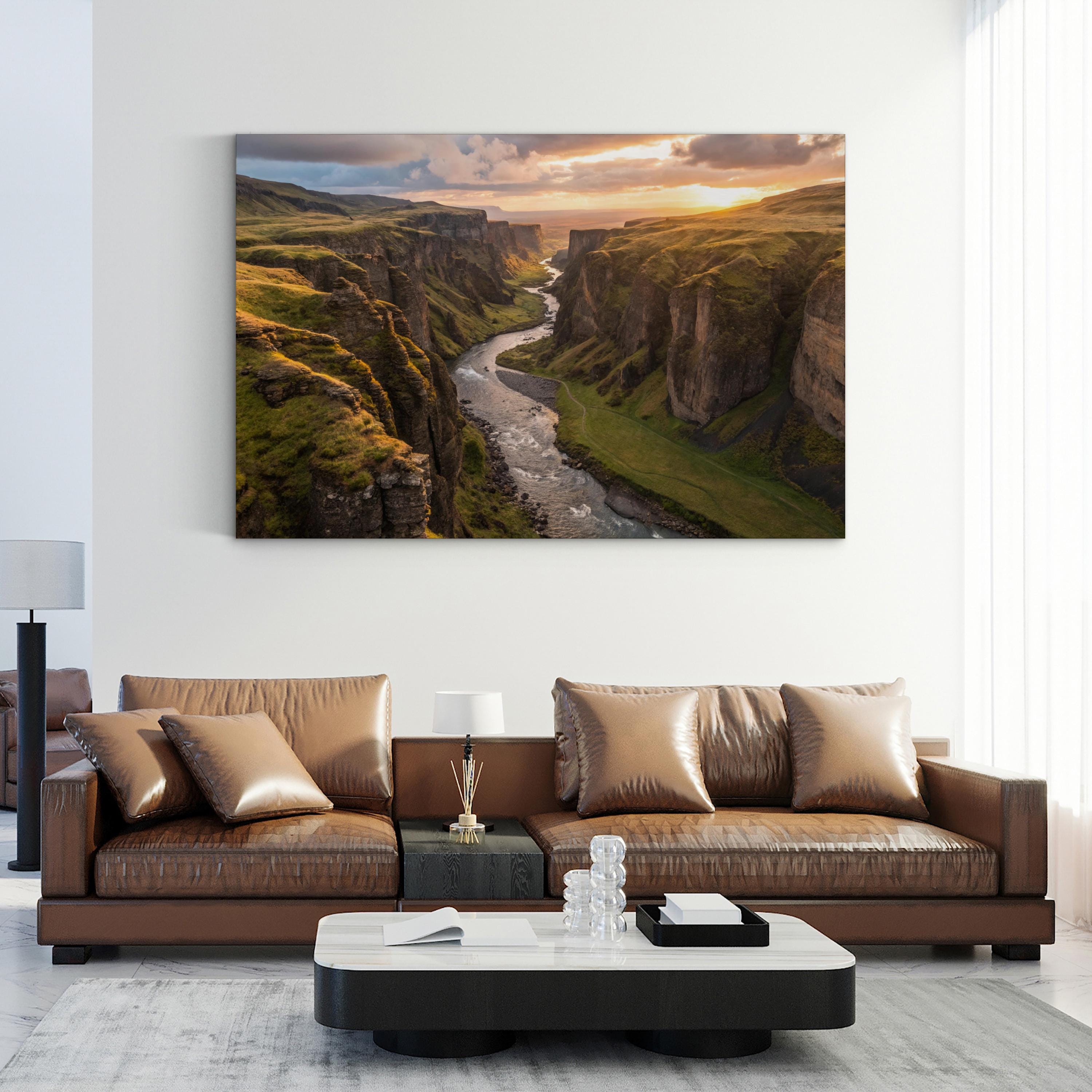 Iceland Canyon Canvas Wall Art – Scenic River Landscape