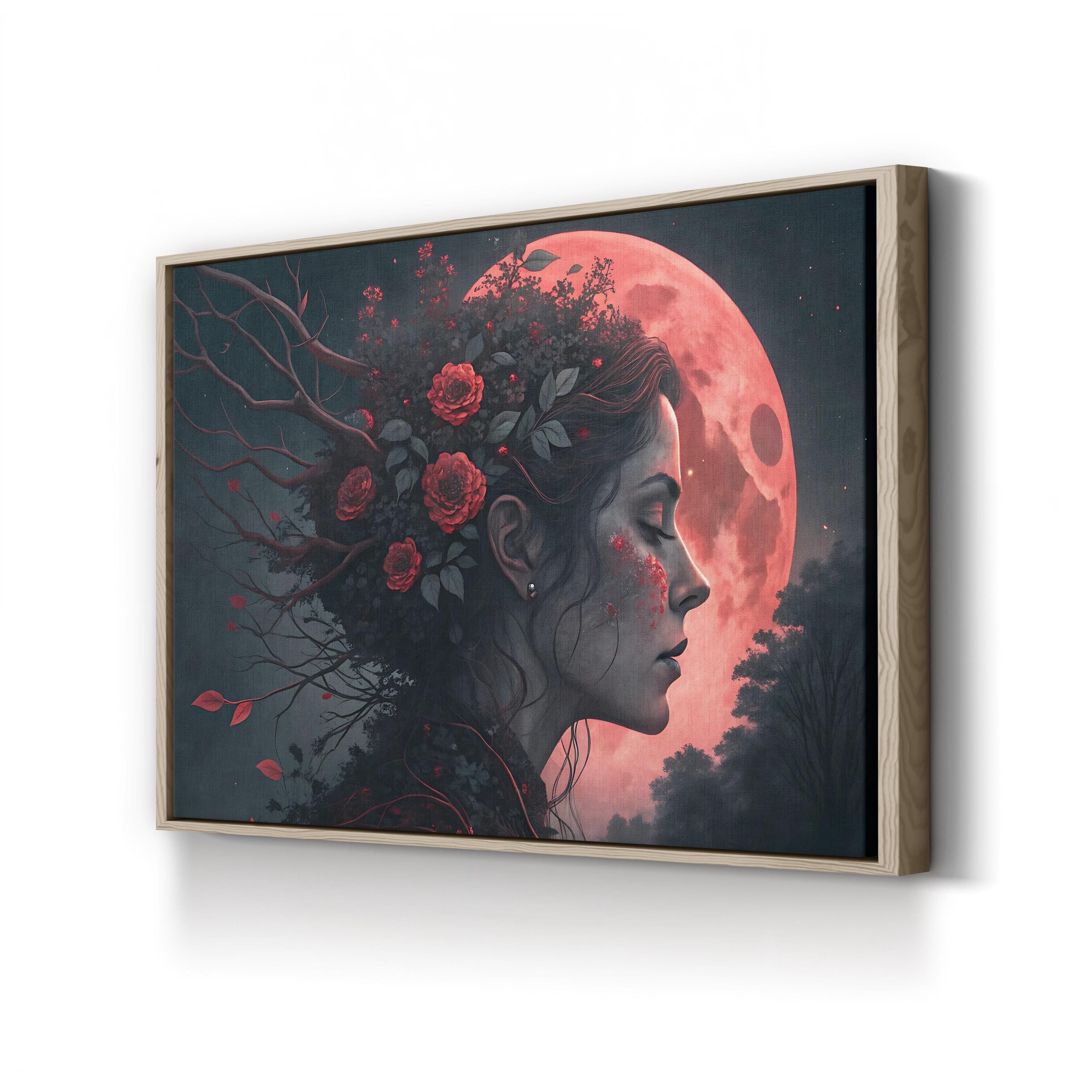 Surreal Woman Red Moon – Period Illustration Wall Art | Fantasy Portrait Canvas Print