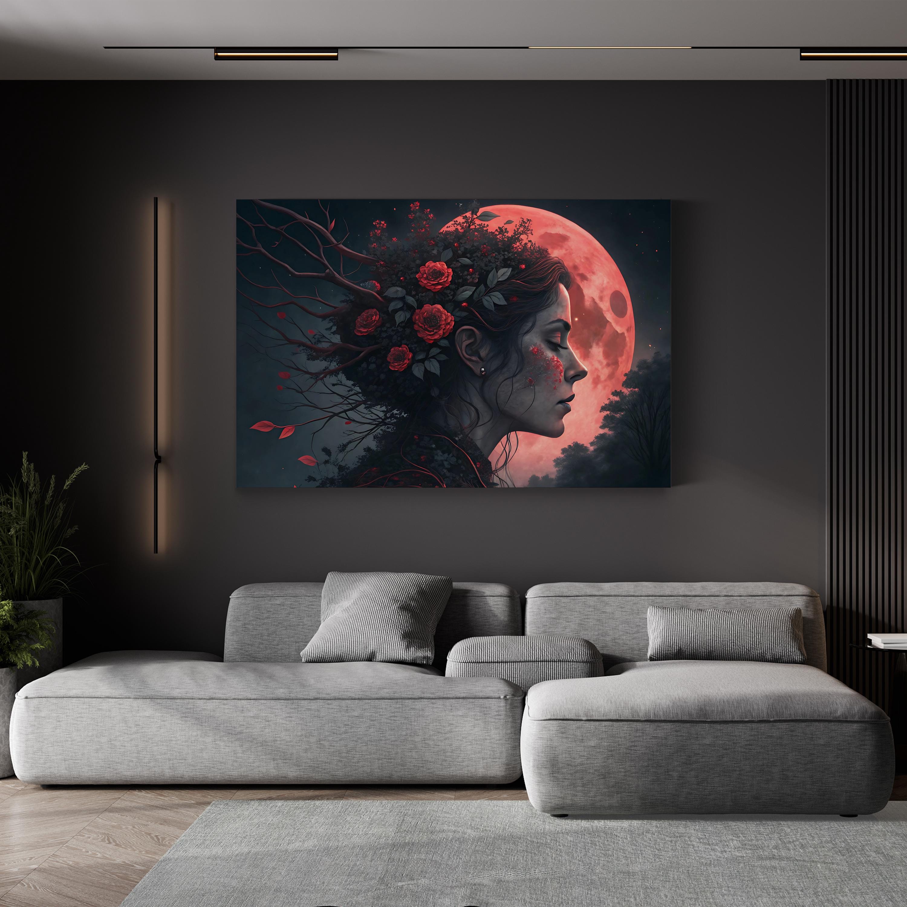 Surreal Woman Red Moon – Period Illustration Wall Art | Fantasy Portrait Canvas Print