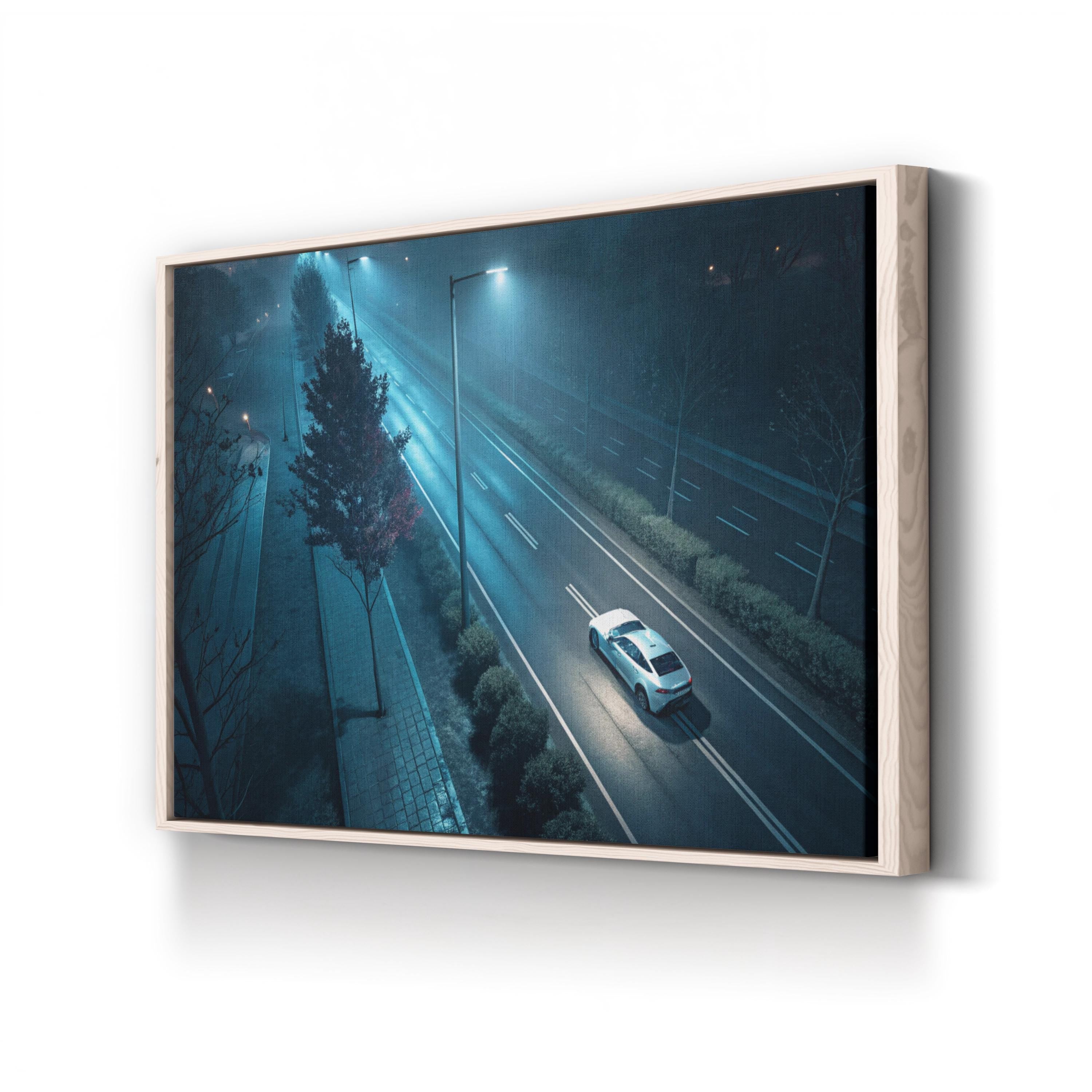Midnight Rush Lone Car – Vintage Photography Wall Art | Cityscape Canvas Print