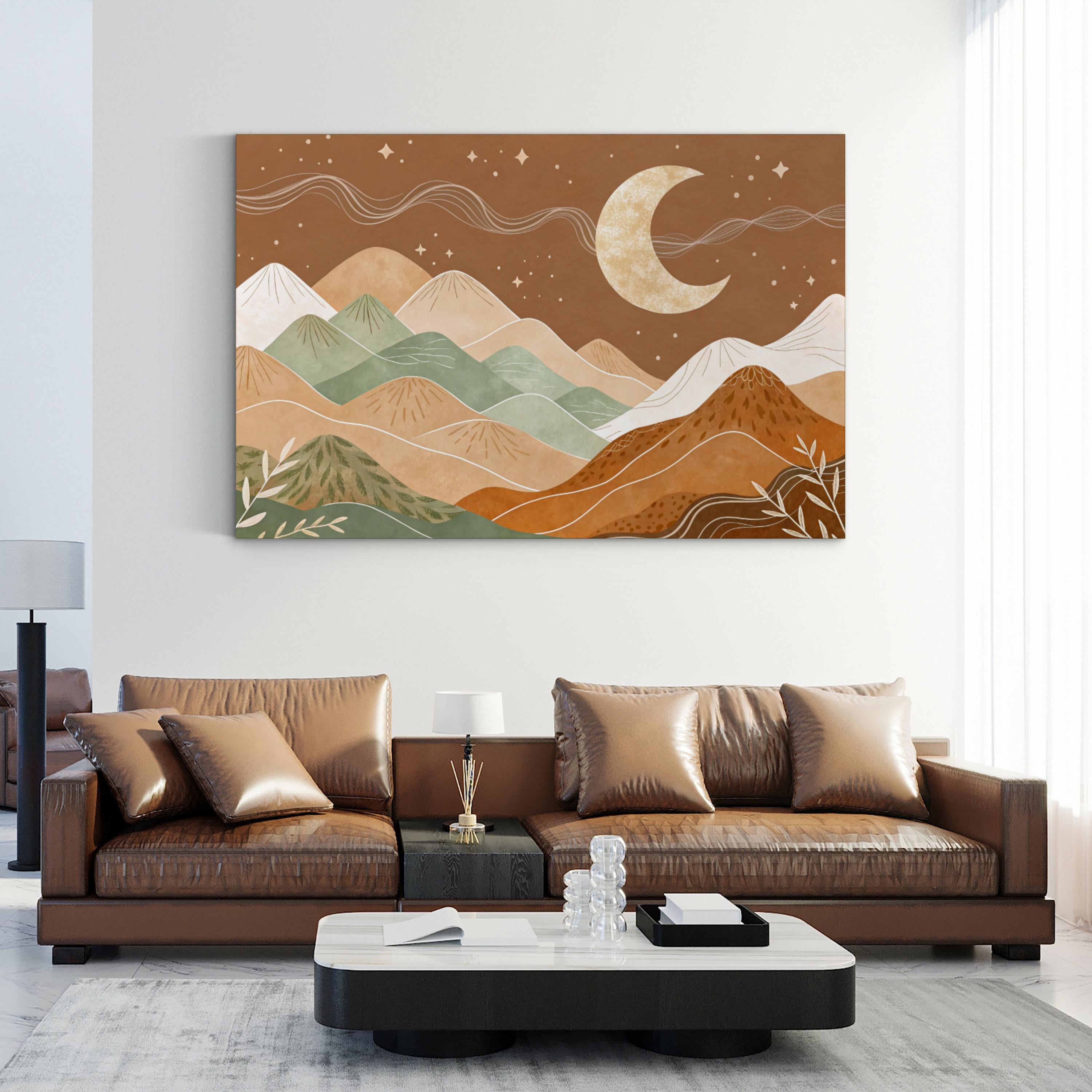 Boho Mountain Moonlit Dreamscape – Period Illustration Wall Art | Bohemian Landscape Canvas Print