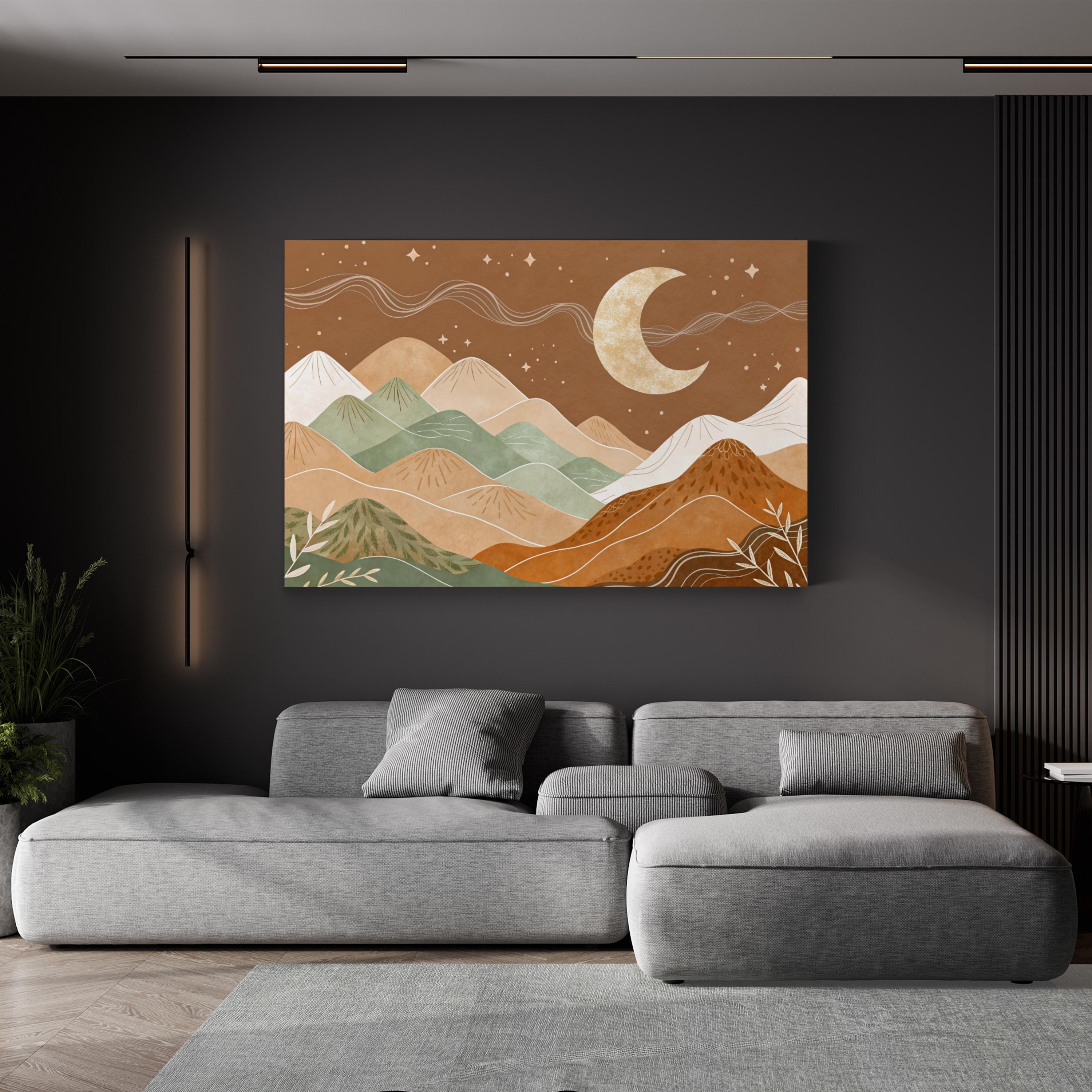 Boho Mountain Moonlit Dreamscape – Period Illustration Wall Art | Bohemian Landscape Canvas Print