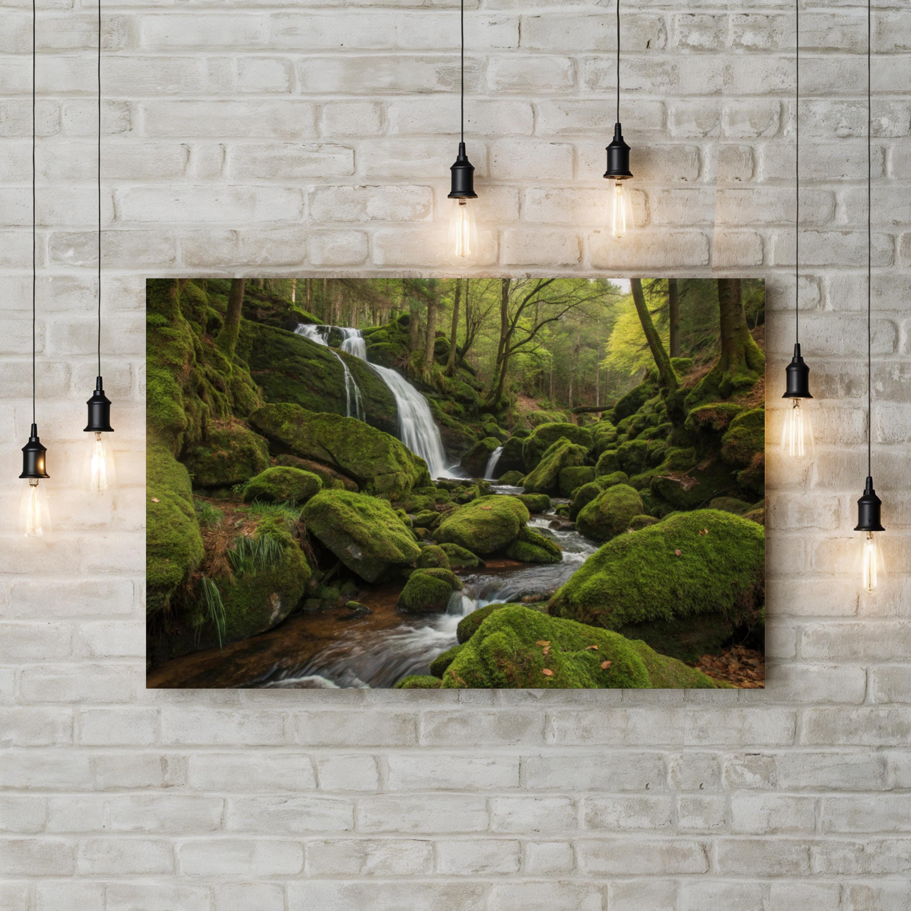 Mossy Waterfall Forest – Vintage Photography Wall Art | Lush Green Landscape Canvas Print