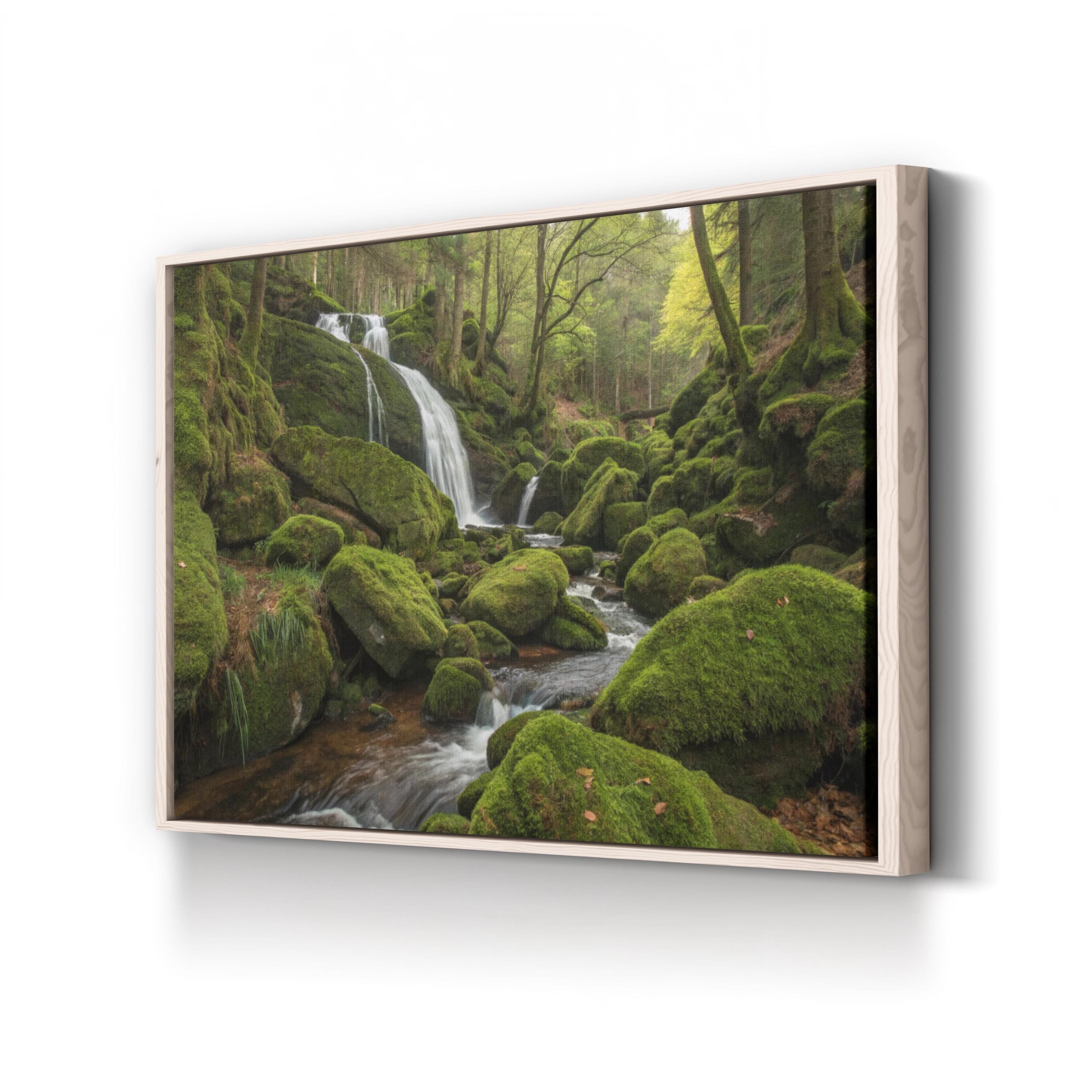 Mossy Waterfall Forest – Vintage Photography Wall Art | Lush Green Landscape Canvas Print
