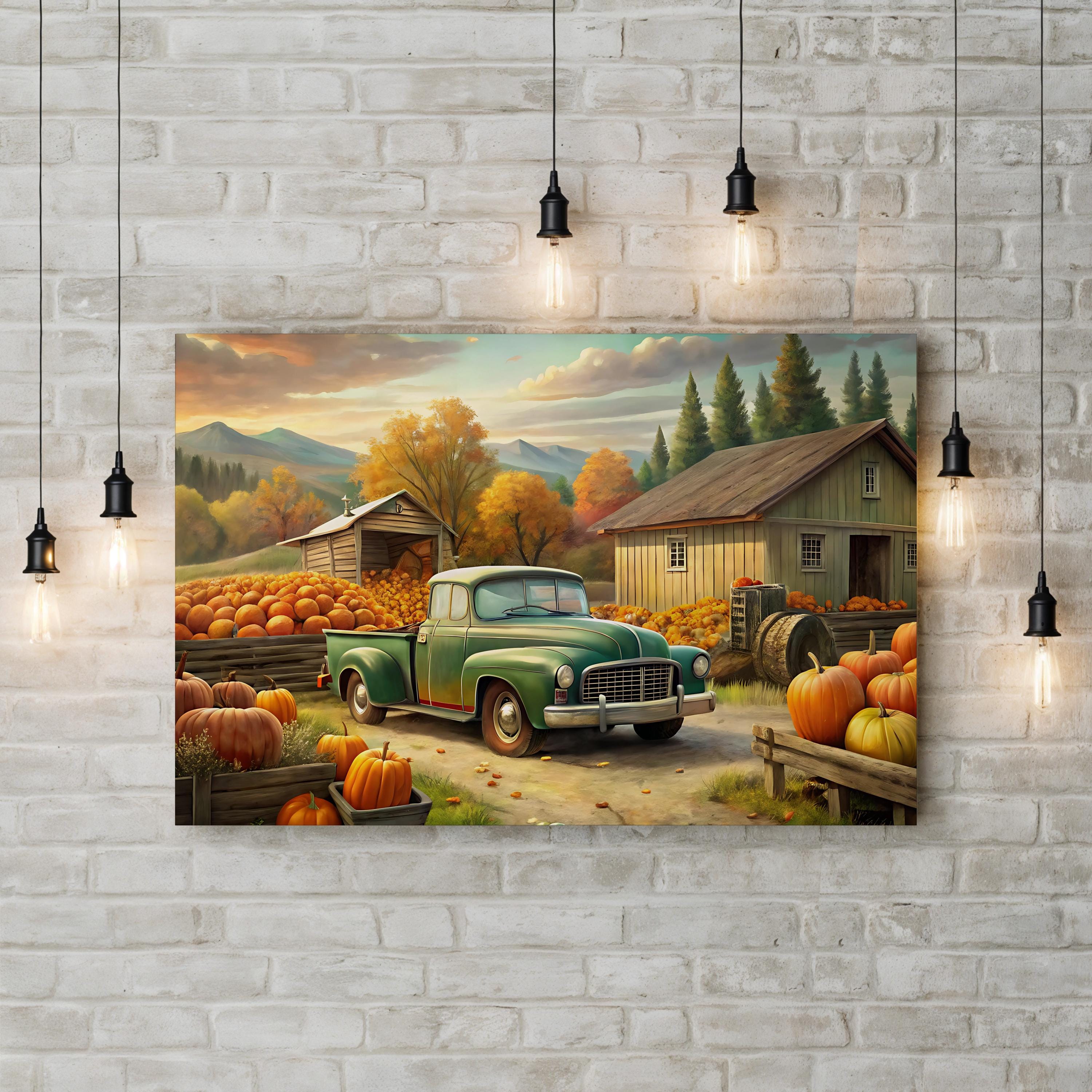 Vintage Pumpkin Truck – Period Illustration Wall Art | Autumn Farmhouse Canvas Print