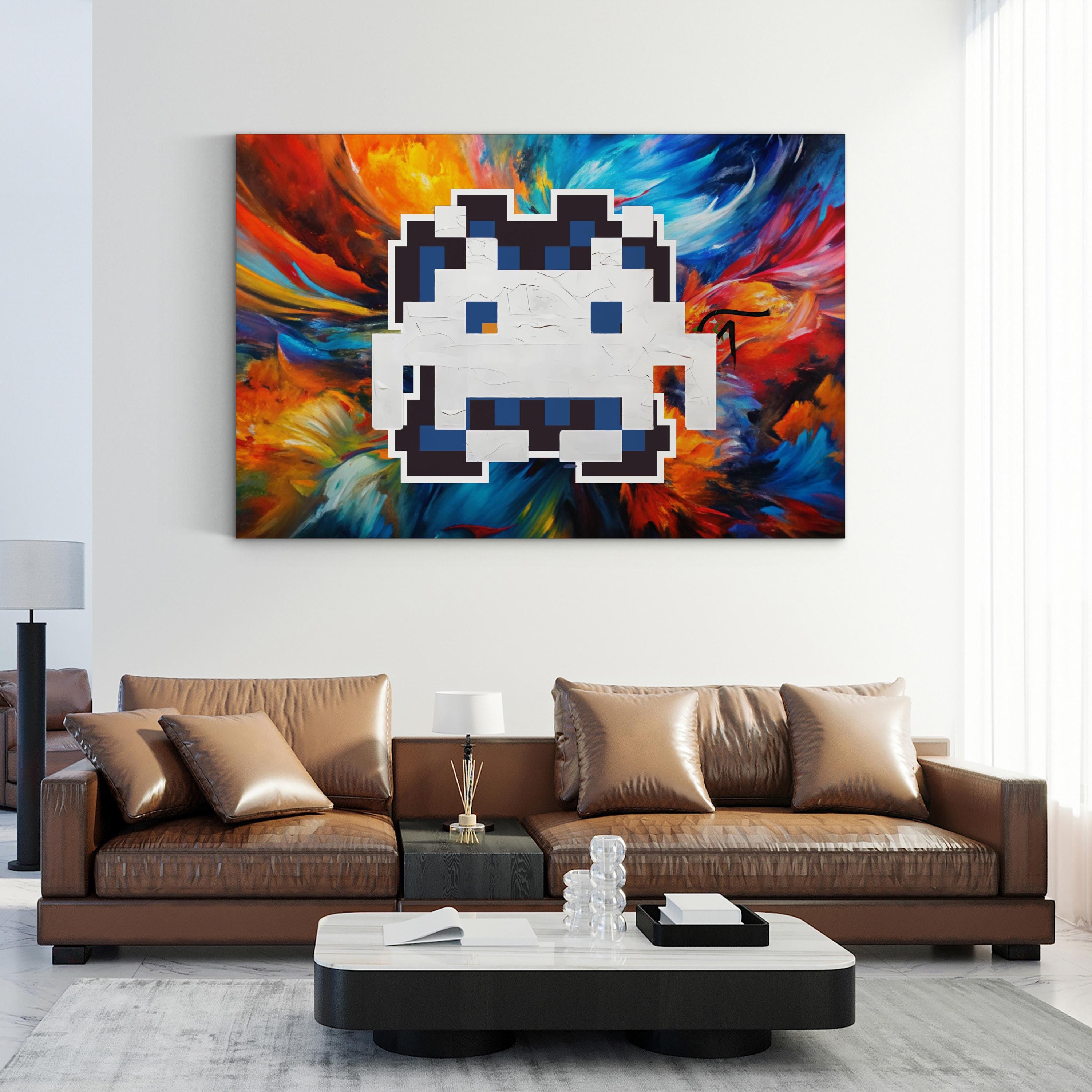 Painted Space Invader Black Canvas Art | Retro Pixel Street Art Print