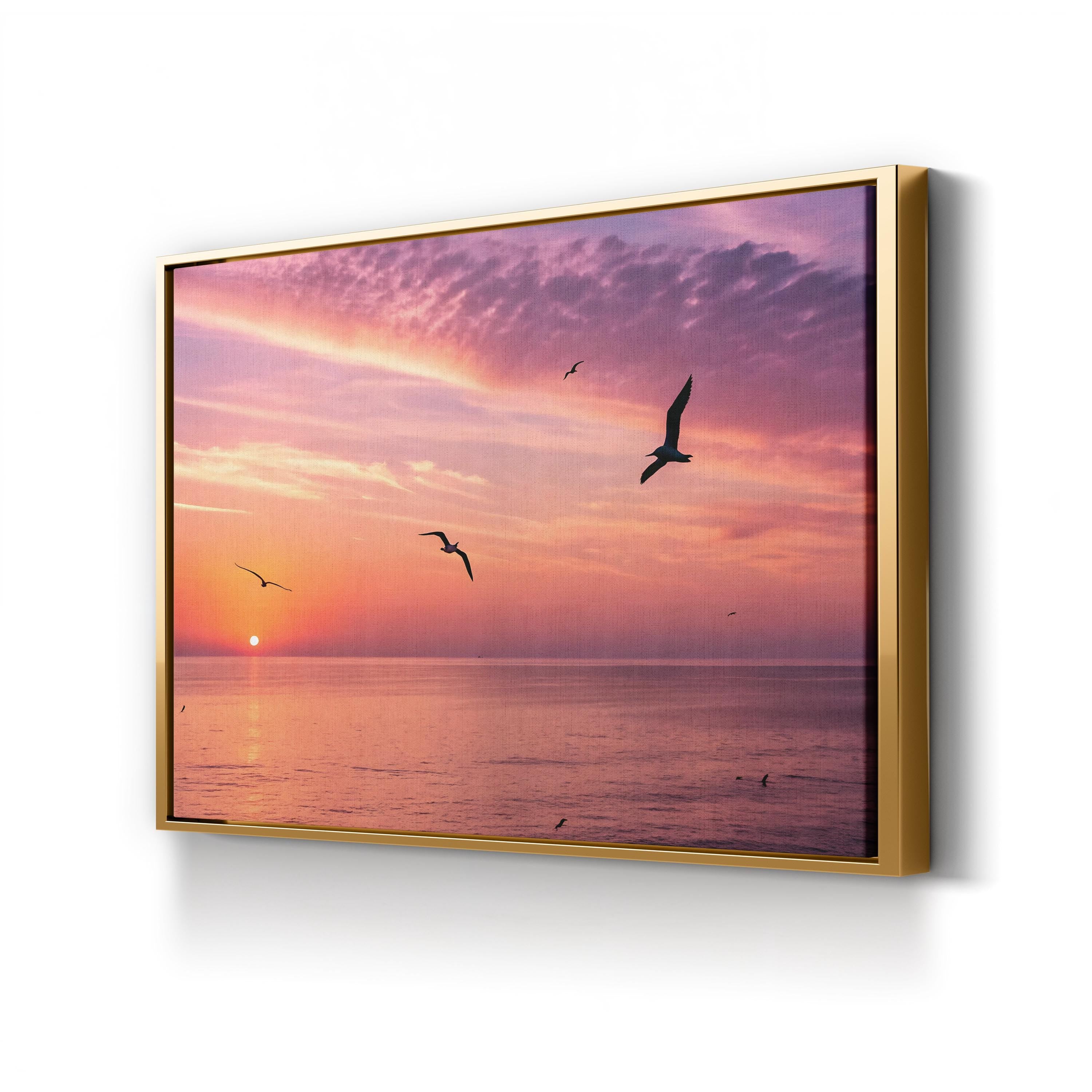 Pelicans in a Line Coastal Canvas Wall Art | Ocean Sunset Photography Print