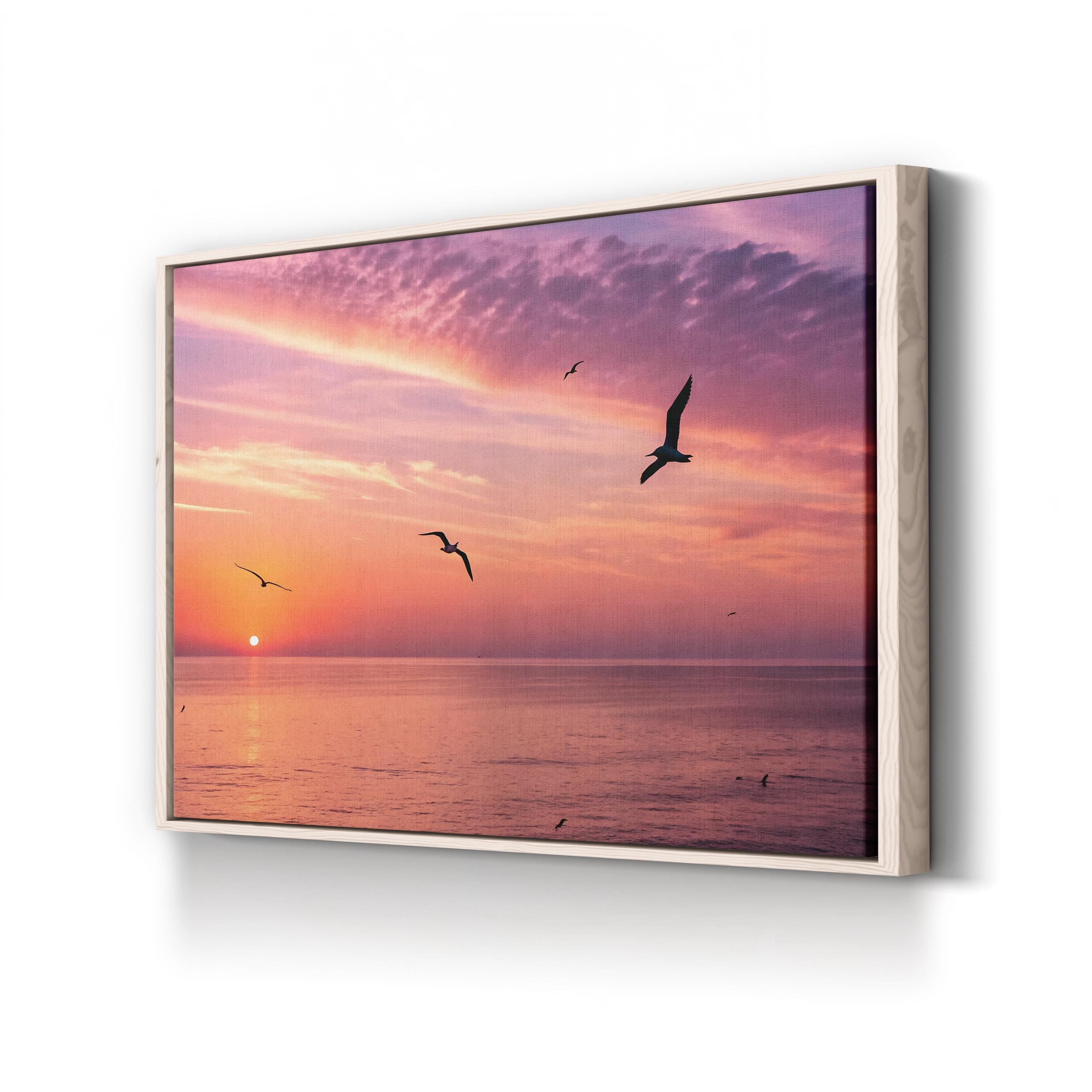 Pelicans in a Line Coastal Canvas Wall Art | Ocean Sunset Photography Print