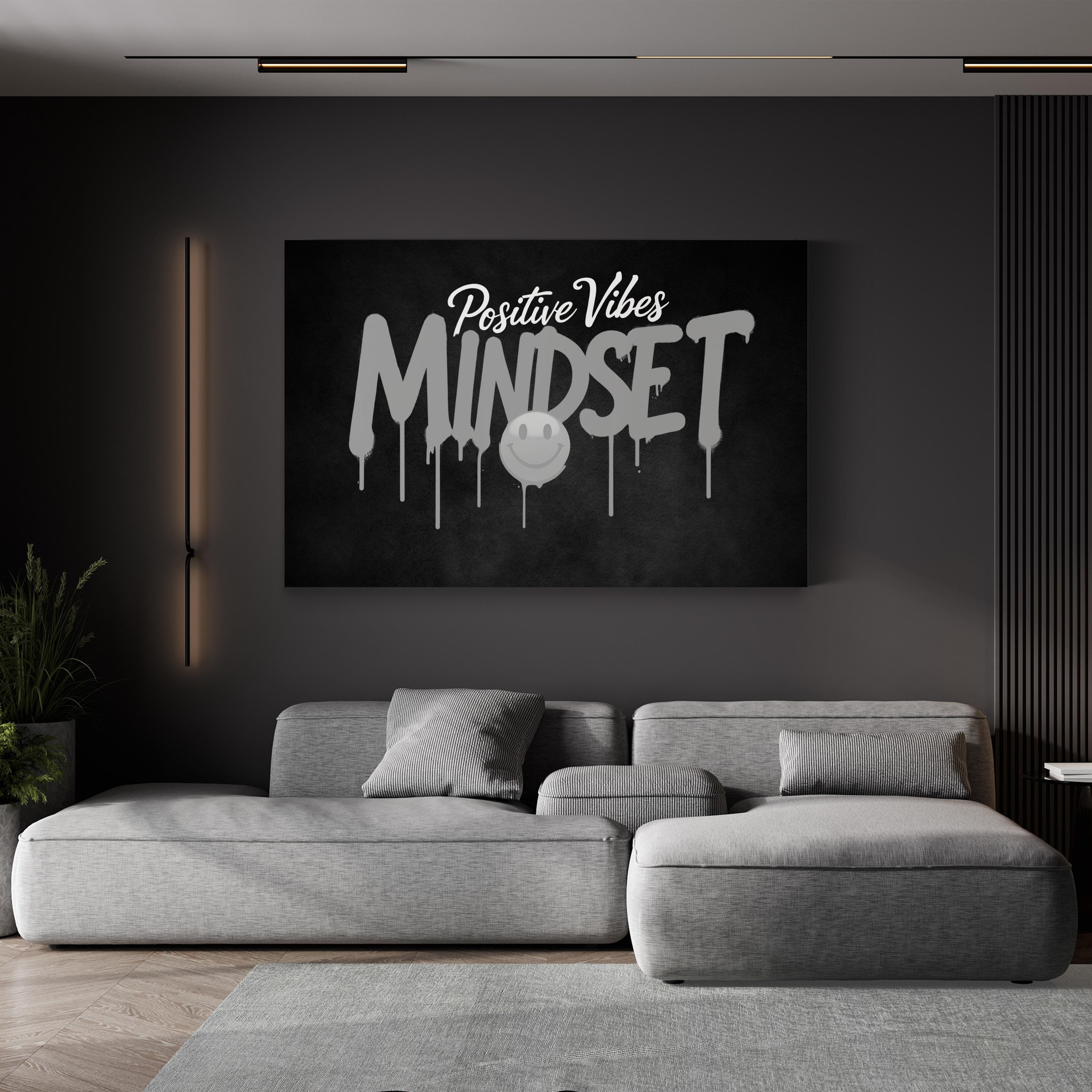 Positive Vibes Mindset IV Typography Canvas Art Print – Black and White Drip Design