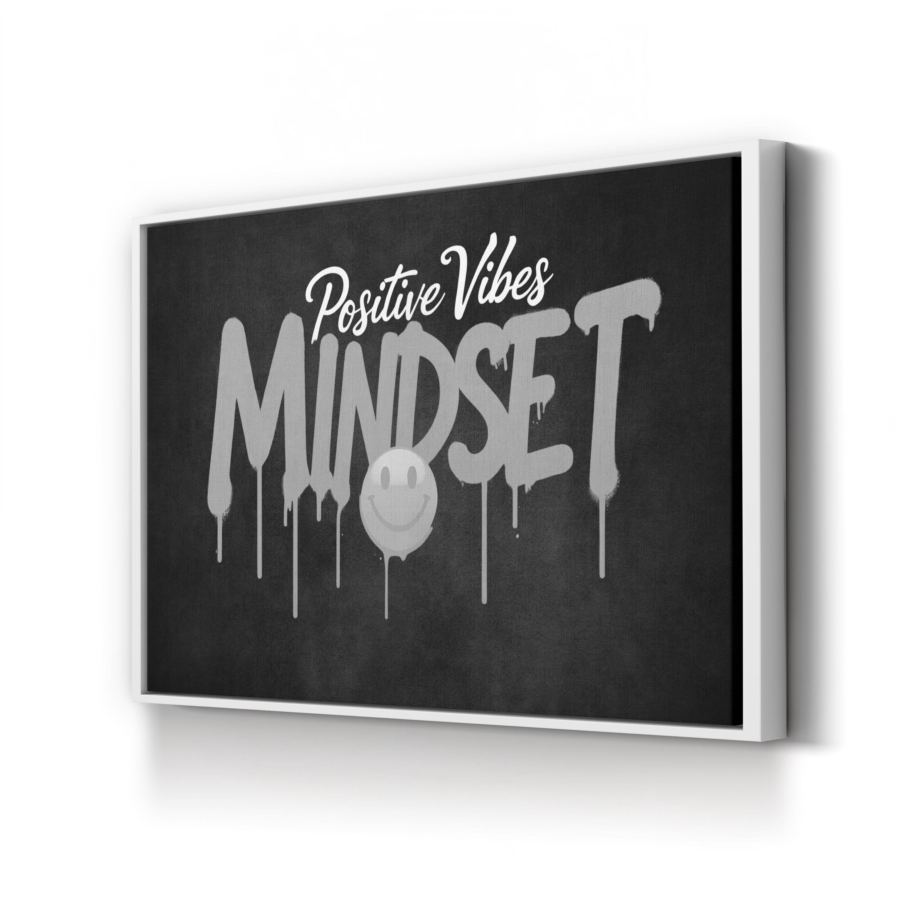 Positive Vibes Mindset IV Typography Canvas Art Print – Black and White Drip Design