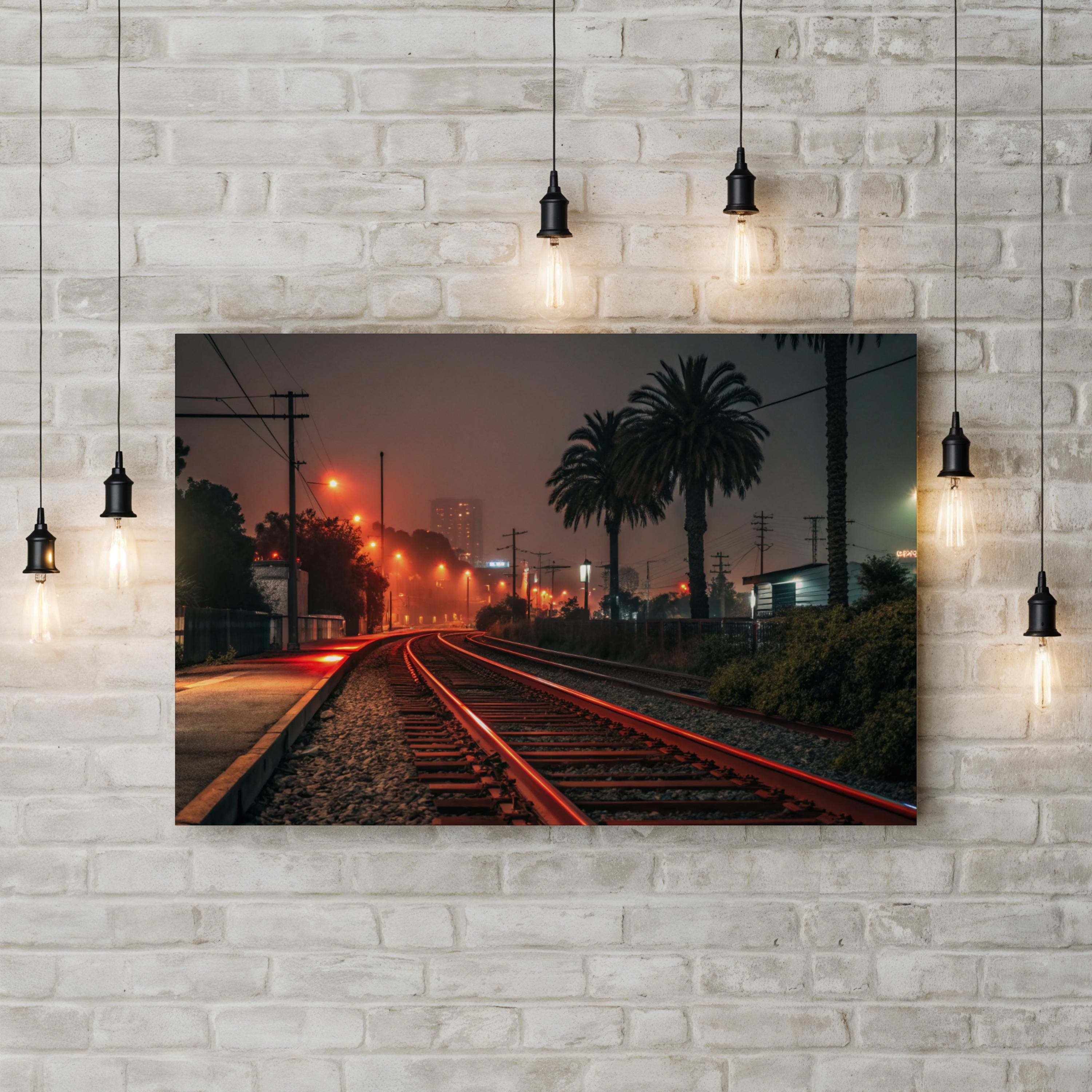 Red Railway Night City – Vintage Photography Wall Art | Urban Cityscape Canvas Print