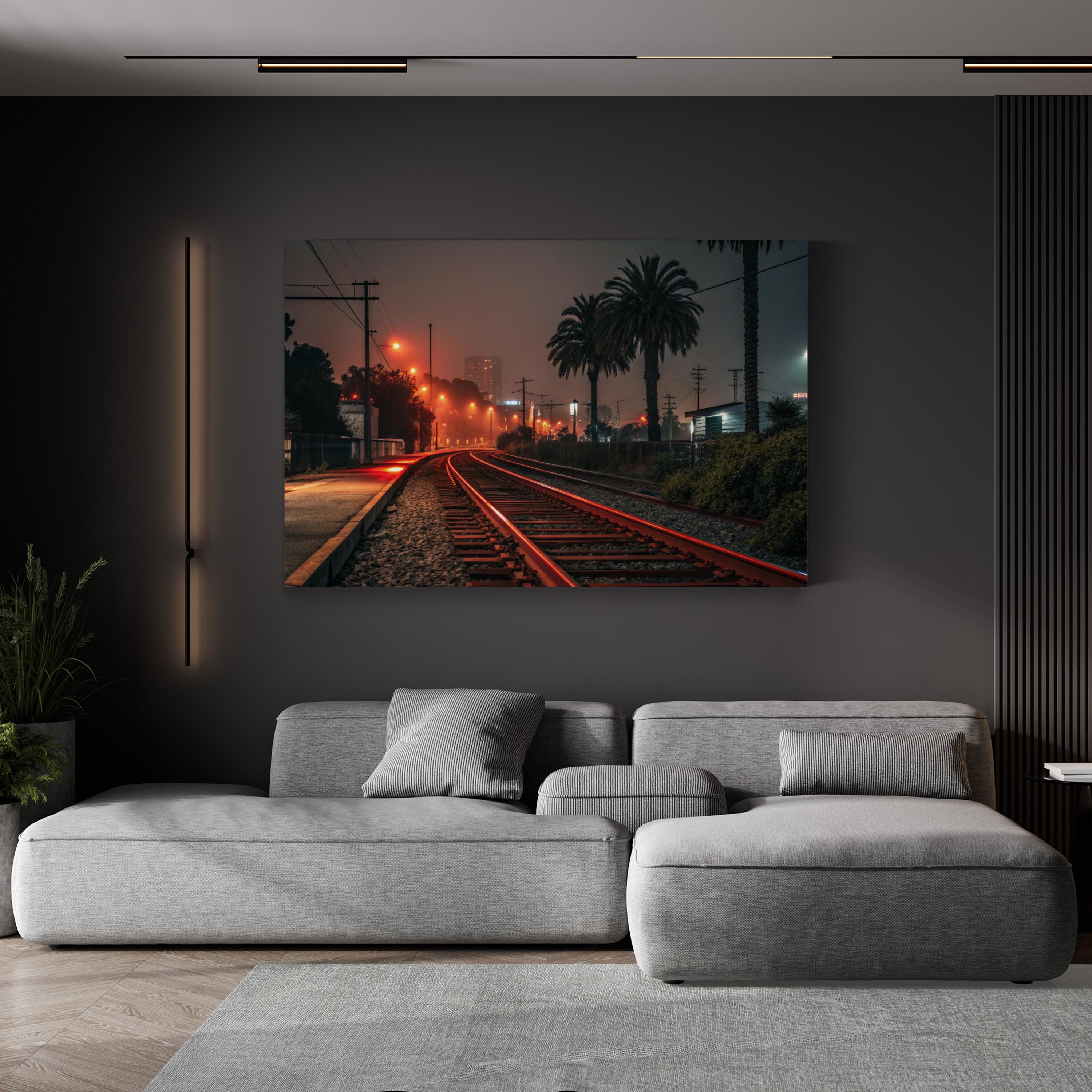 Red Railway Night City – Vintage Photography Wall Art | Urban Cityscape Canvas Print