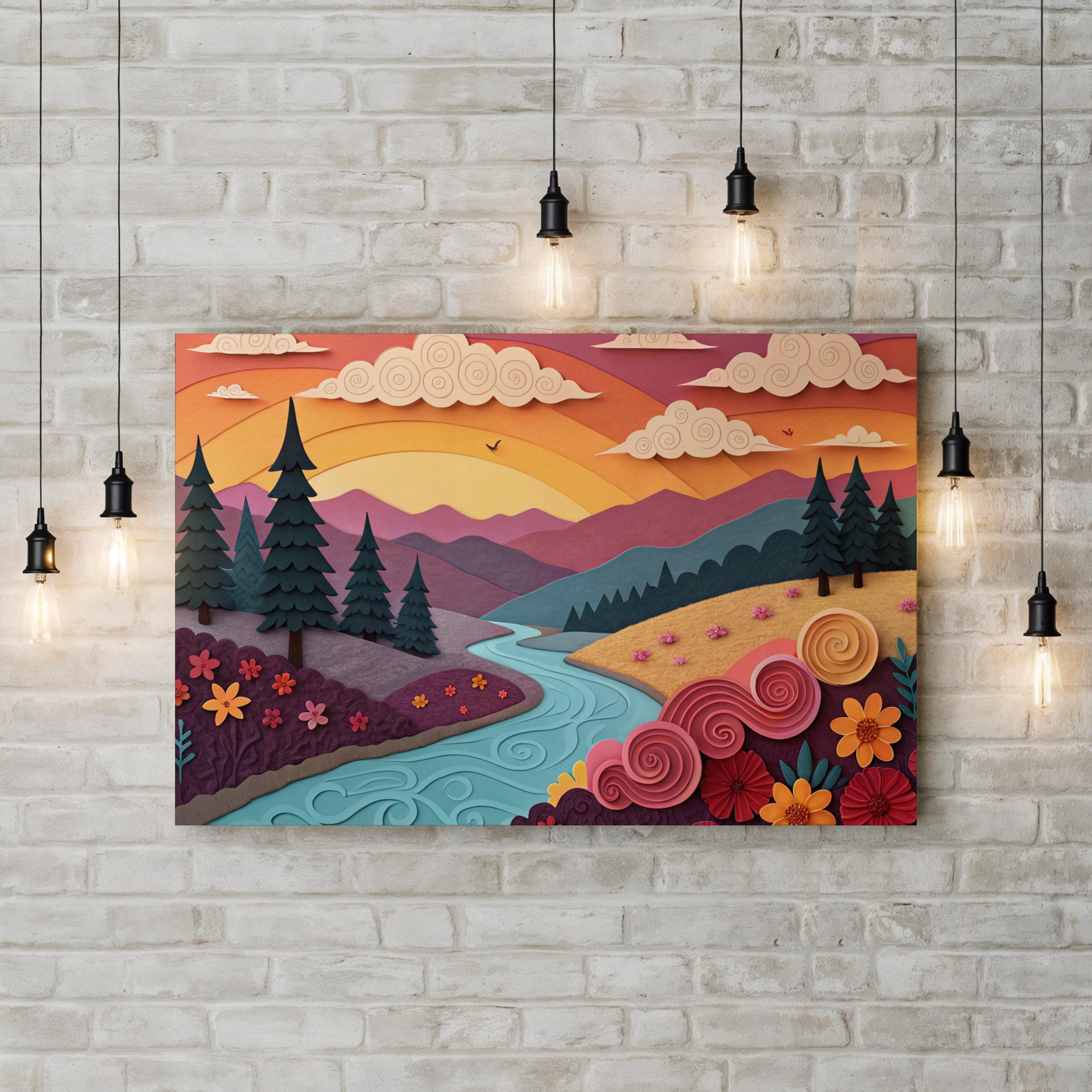 River Sunset Landscape – Period Illustration Wall Art | Vibrant Nature Canvas Print