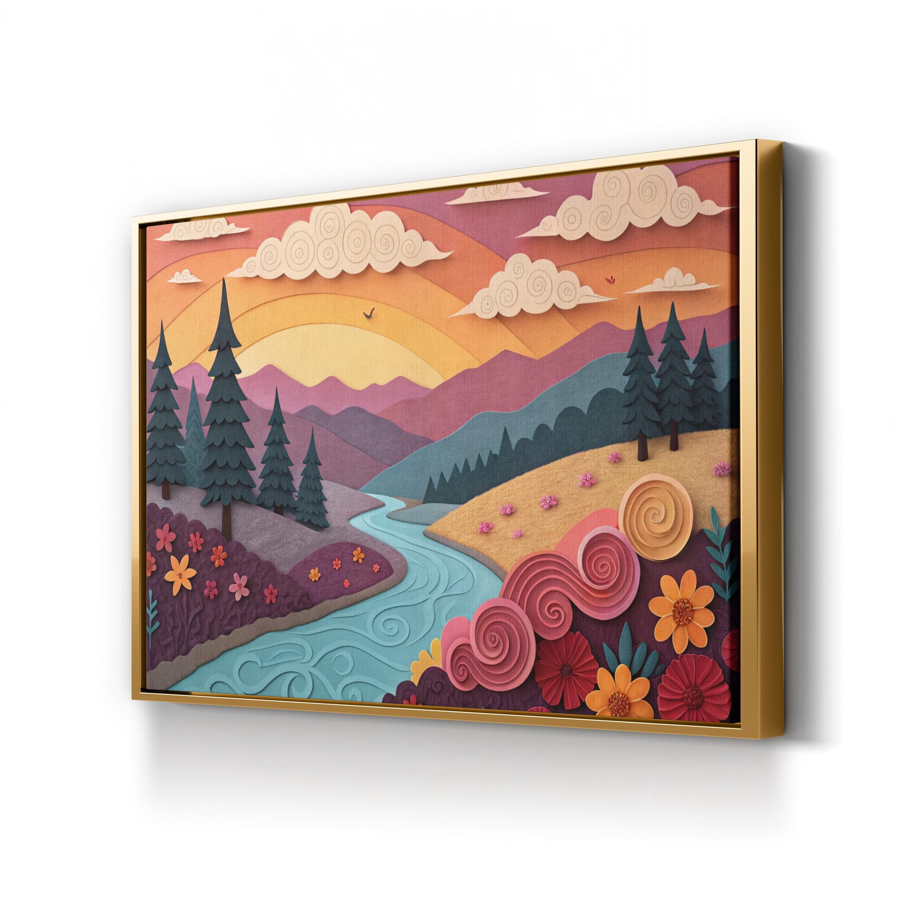 River Sunset Landscape – Period Illustration Wall Art | Vibrant Nature Canvas Print