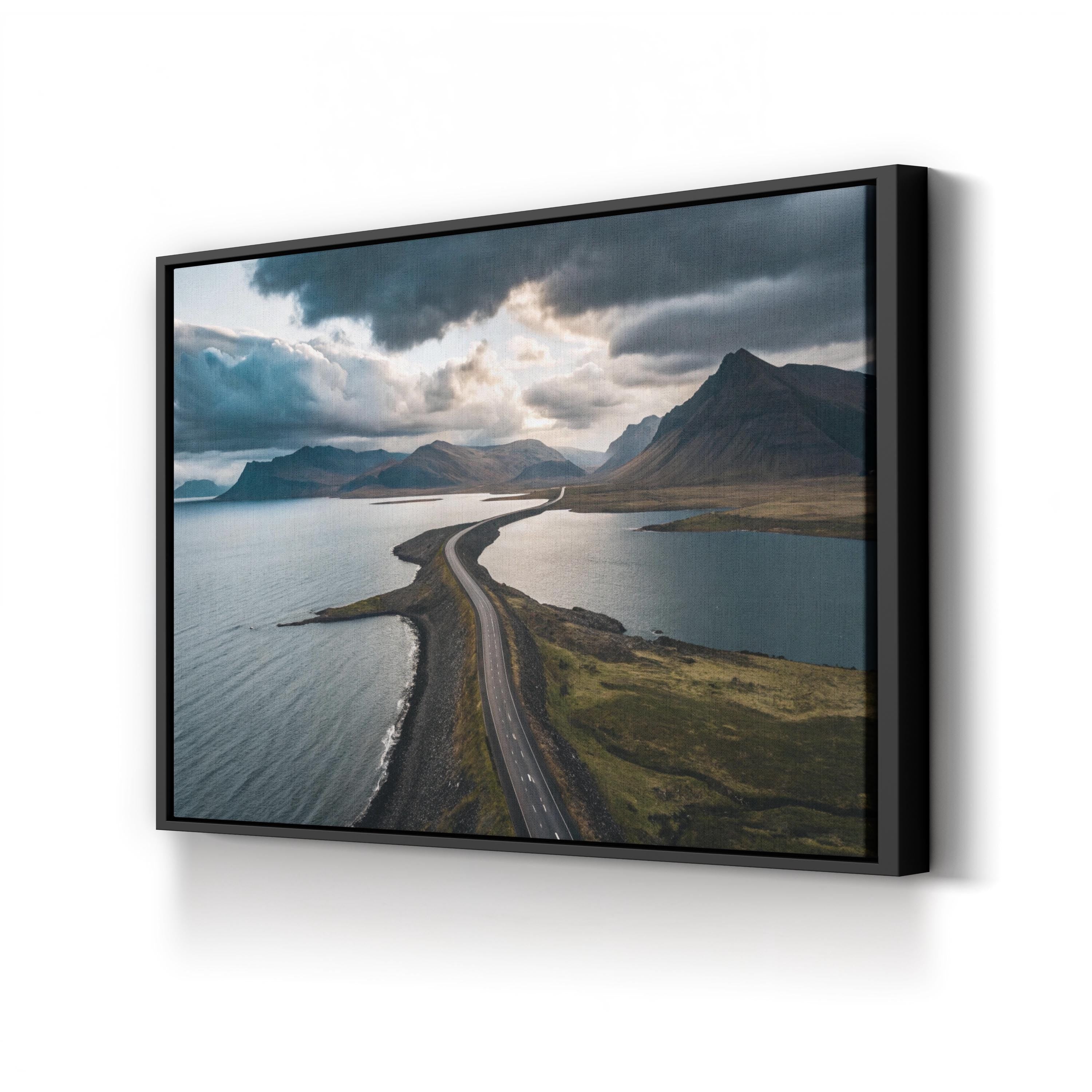 Mountain Lake Scenic Road Canvas Wall Art — Modern Landscape Print, Nature Photography