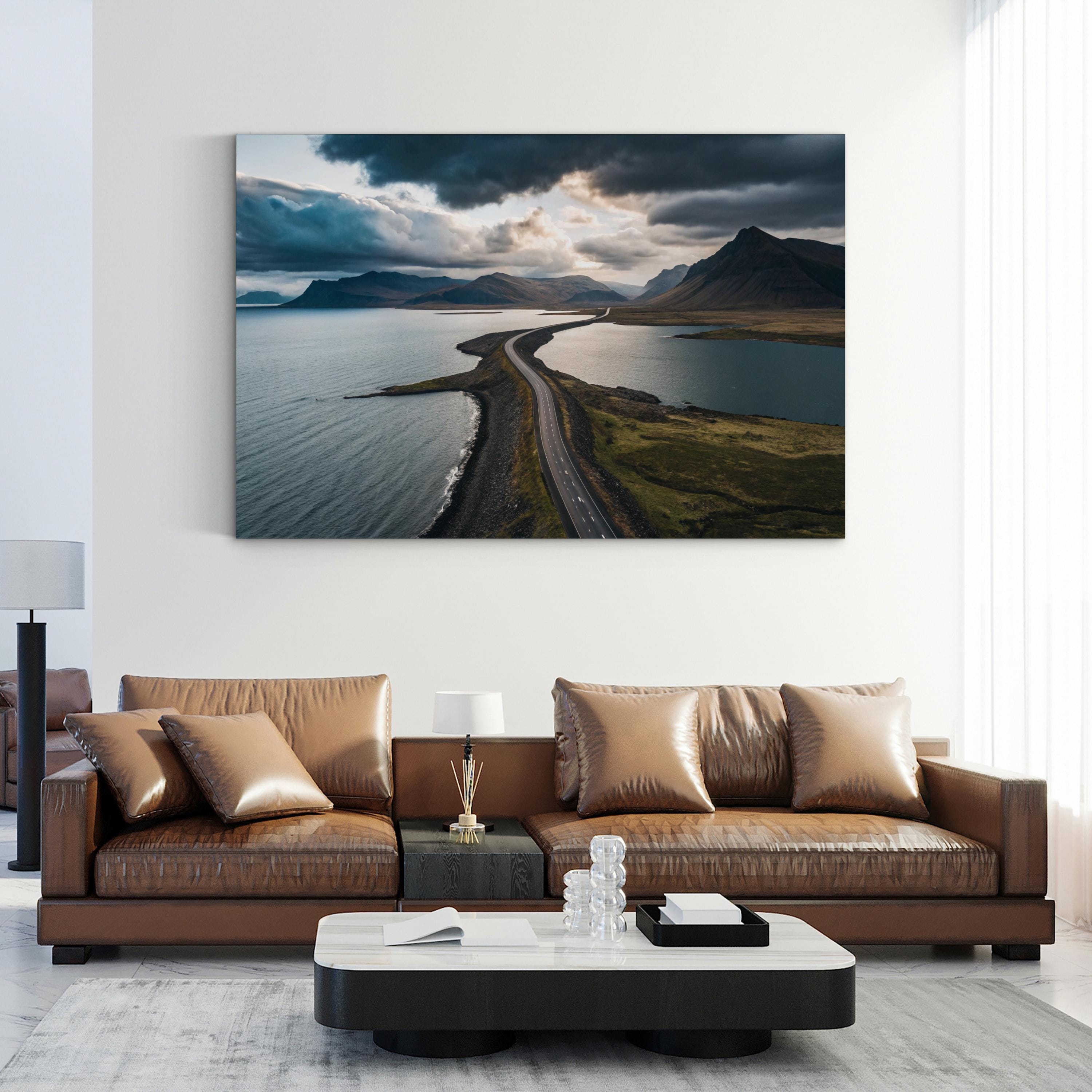 Mountain Lake Scenic Road Canvas Wall Art — Modern Landscape Print, Nature Photography